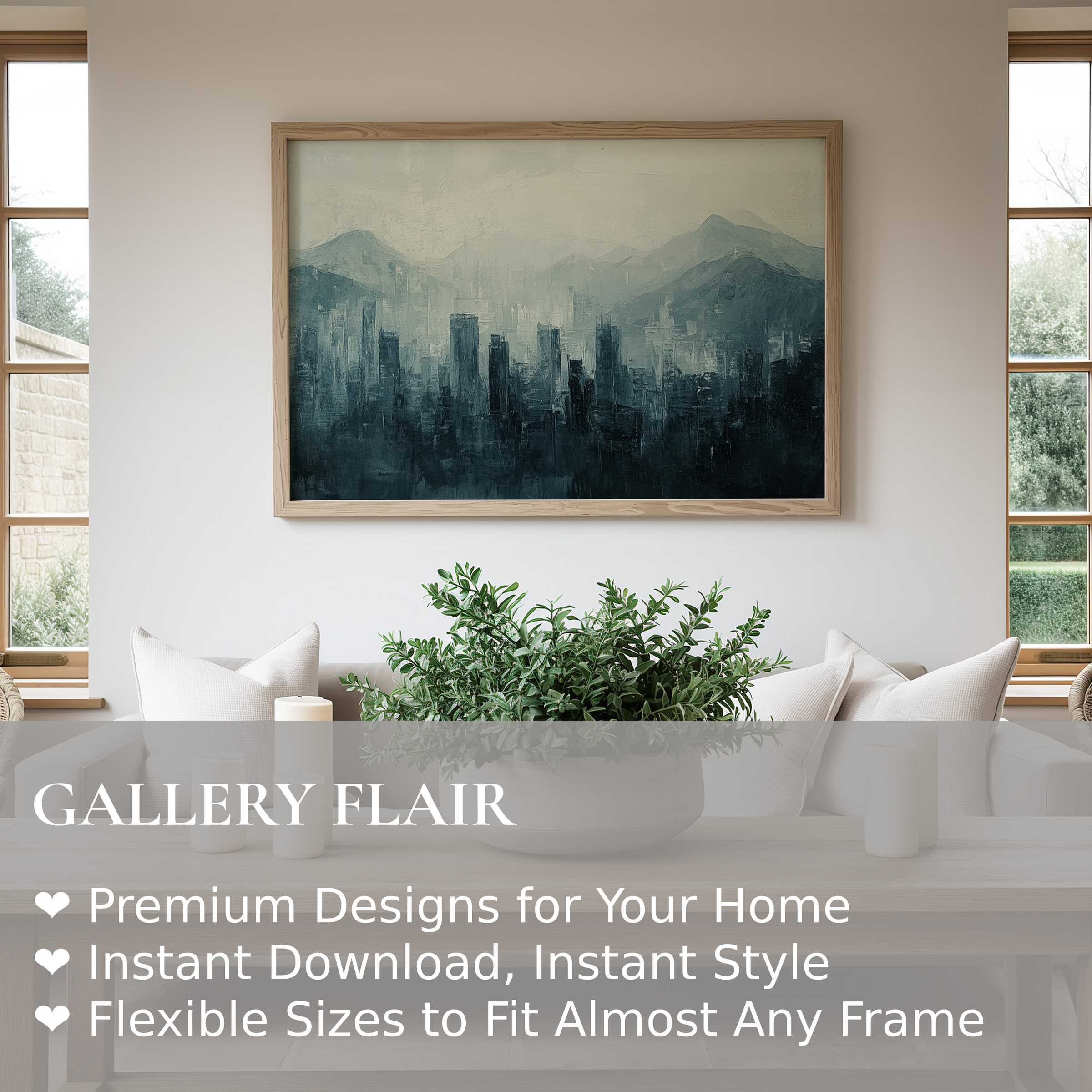 Urban art wall art print depicting a moody skyline with textured depth, enhancing serene modern living spaces