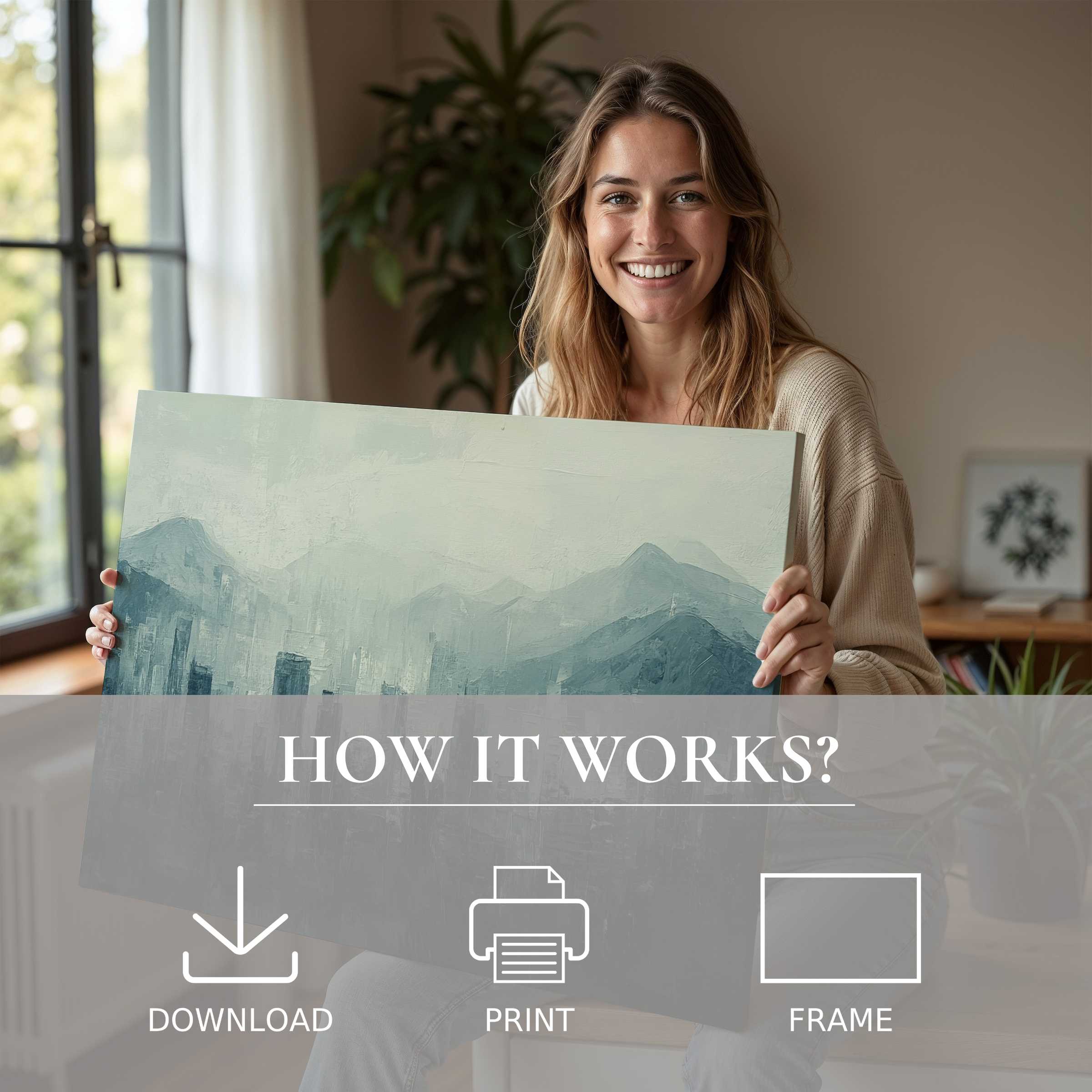Radiant joy illuminates a modern home as serene urban digital art print brings effortless elegance and soulful connection