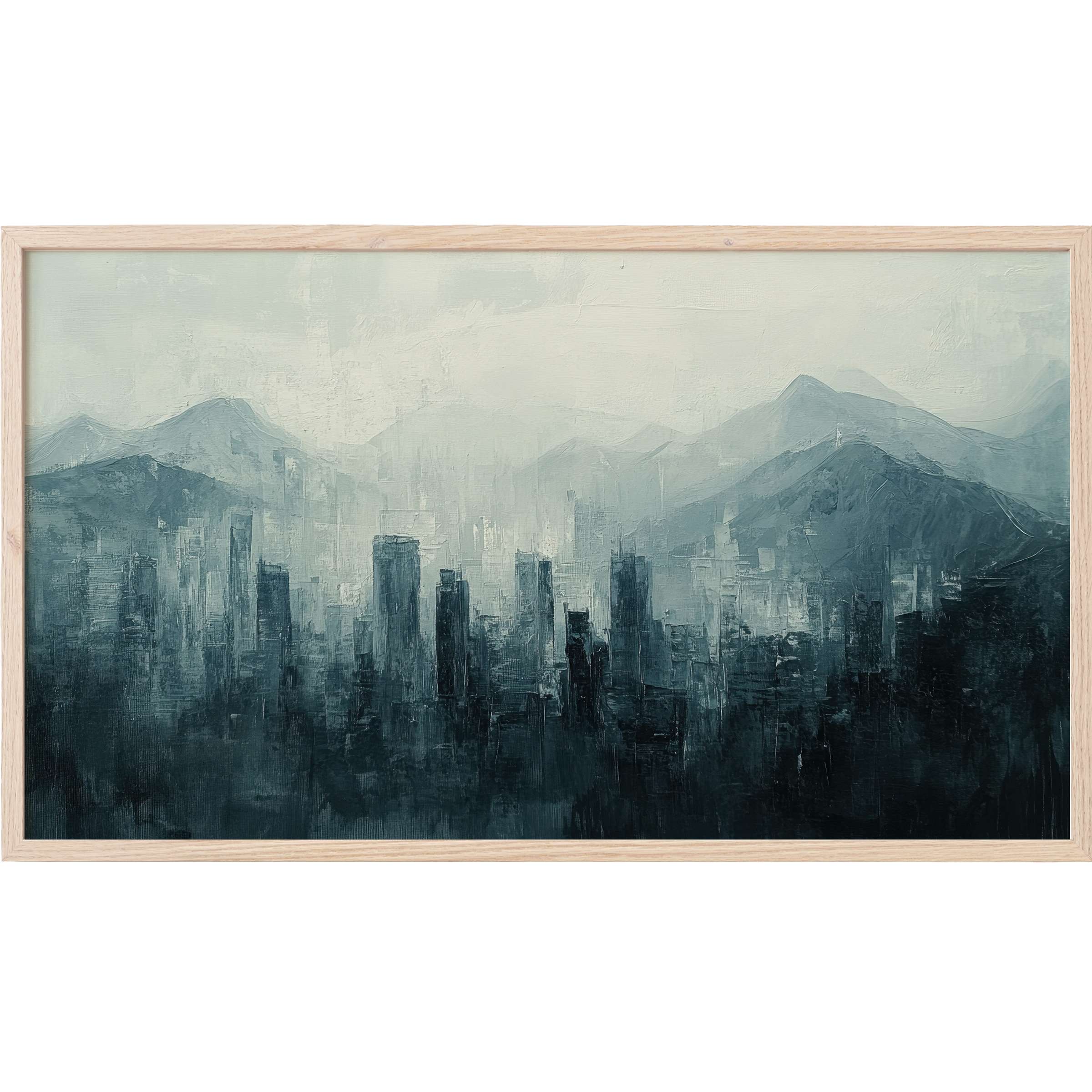 Atmospheric blue-gray cityscape with misty mountains, textured brushstrokes, elegant urban Frame TV Art