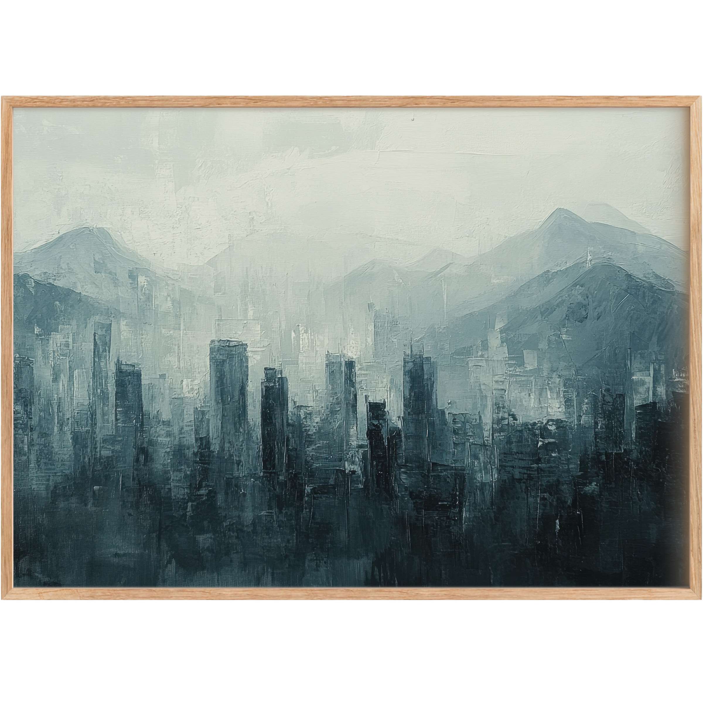 Moody urban printable wall art blending deep blues and soft grays, evoking serene, misty cityscapes with elegant depth