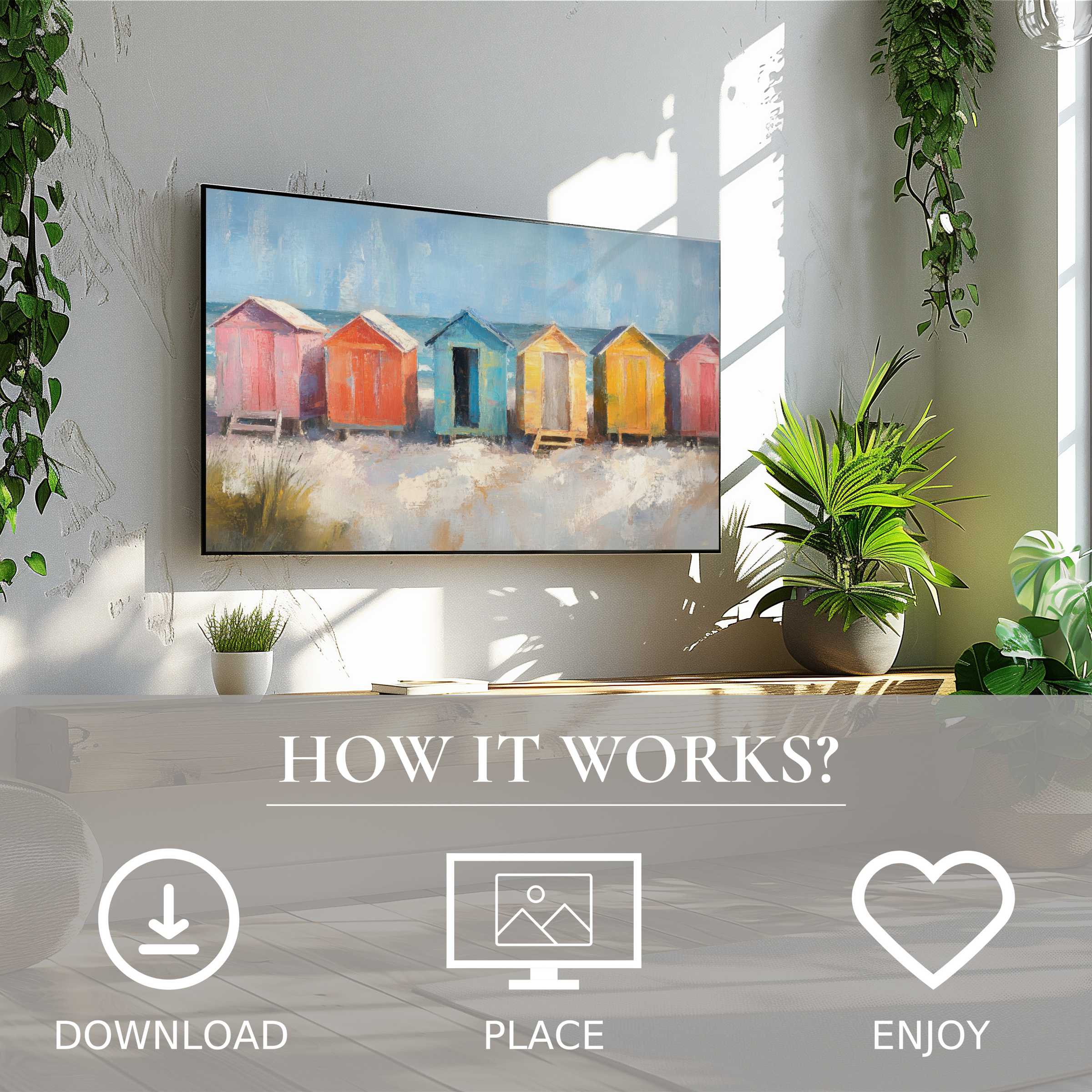 Coastal art for Samsung TV showing colorful beach huts in soft coastal tones, easy digital download to enhance your space