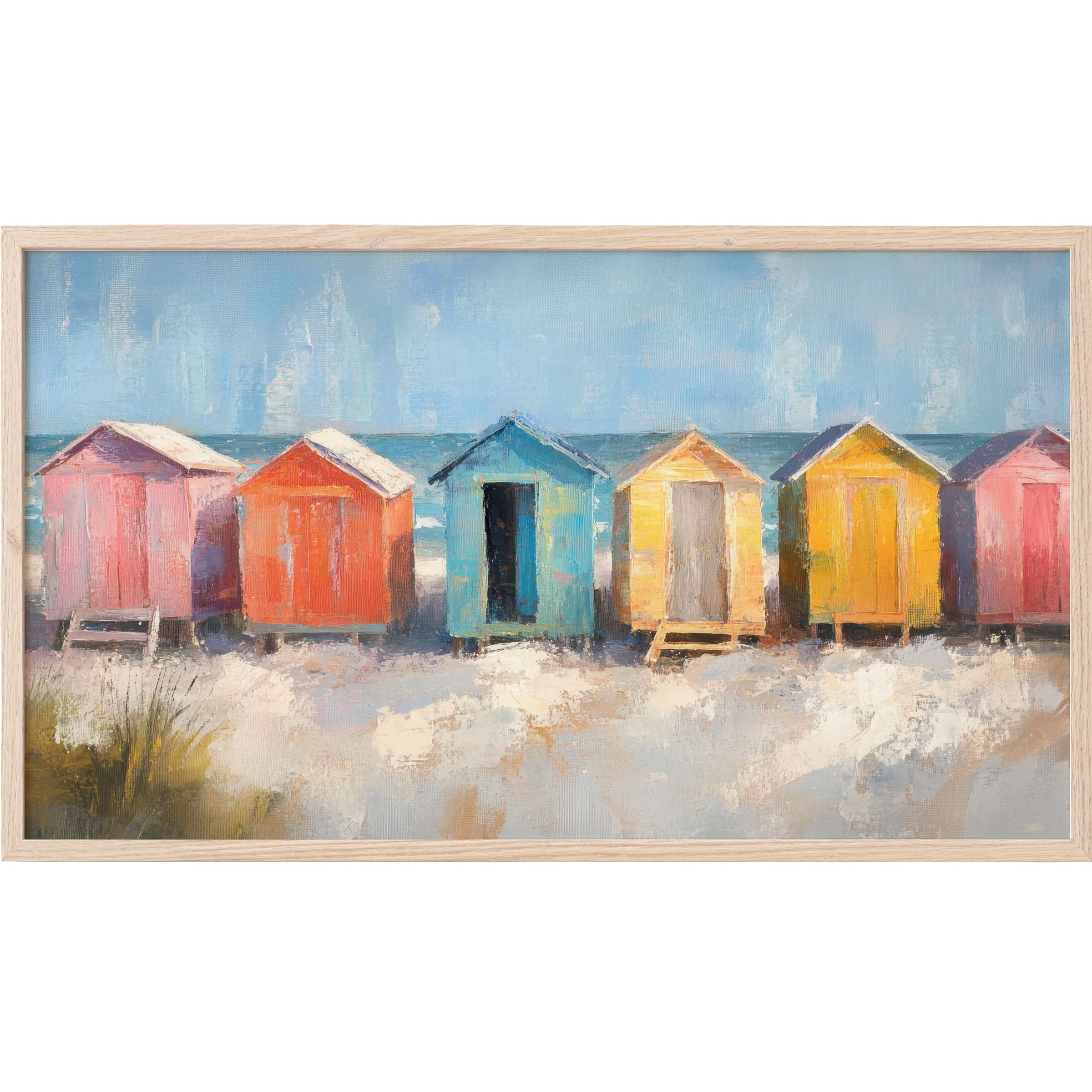 Coastal Frame TV Art featuring vibrant beach huts in pastel blues, oranges, and yellows with a textured, modern coastal style