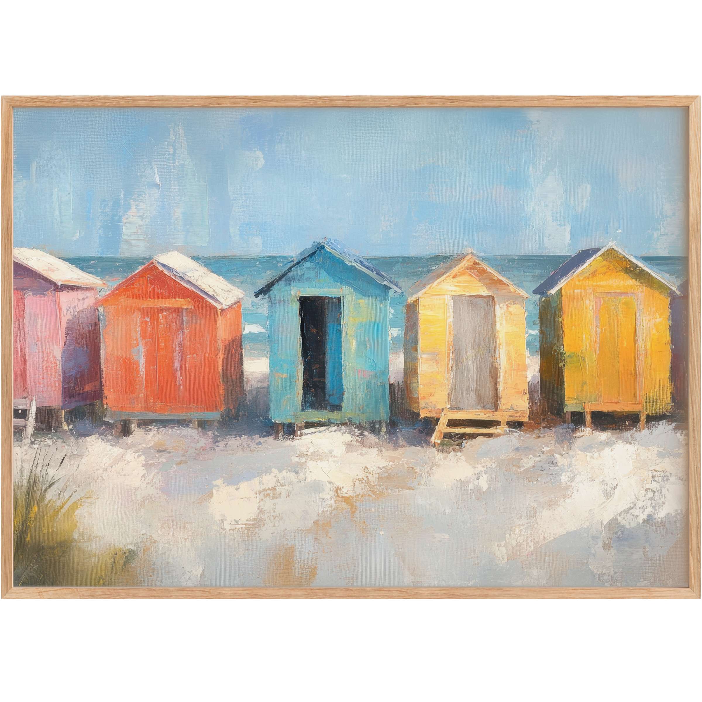 Coastal printable wall art featuring vibrant beach huts in sunlit coral, blue, and gold, evoking a serene, uplifting seaside escape