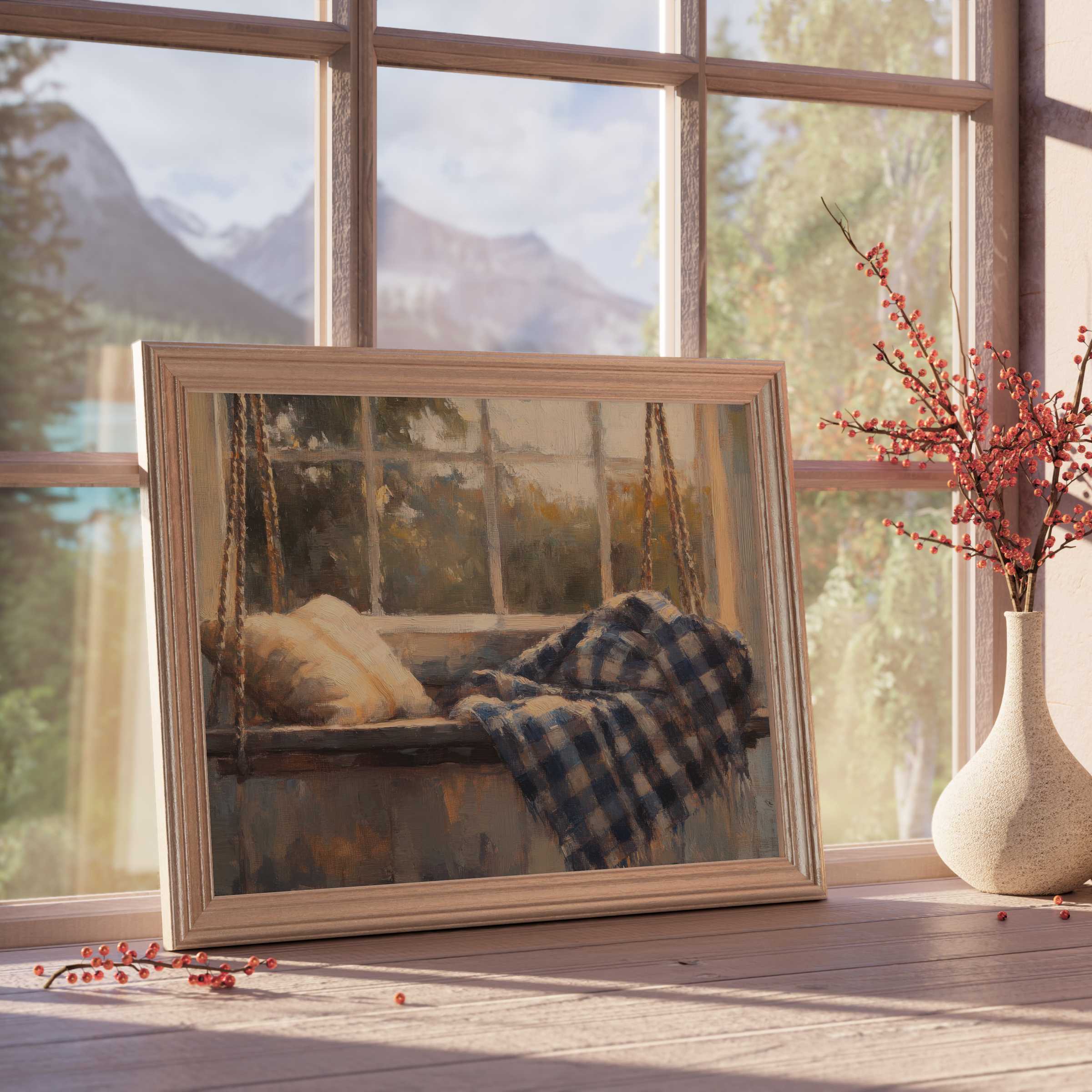 Farmhouse downloadable art with cozy rustic swing and plaid blanket, radiating serene warmth for curated, modern country interiors
