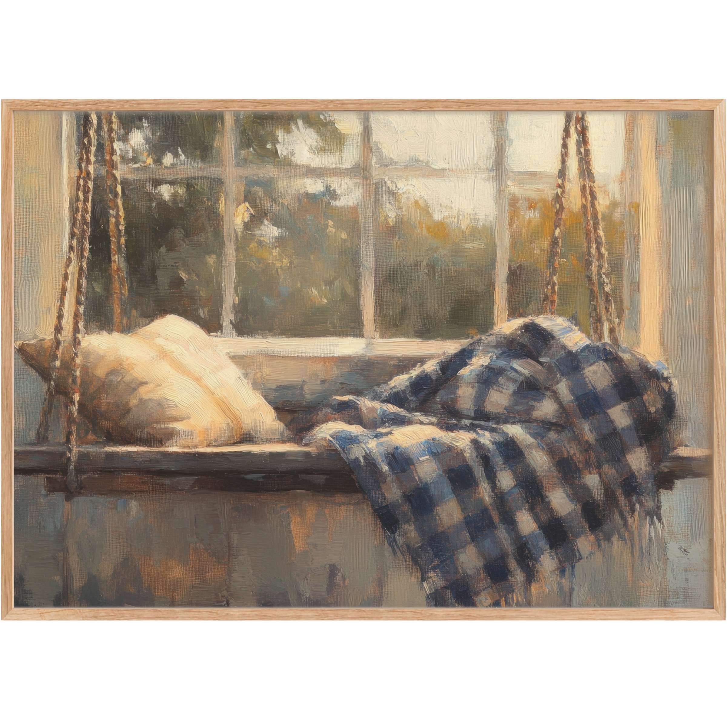 Cozy farmhouse printable wall art with warm beige and deep blue tones, evoking a serene, inviting rustic retreat
