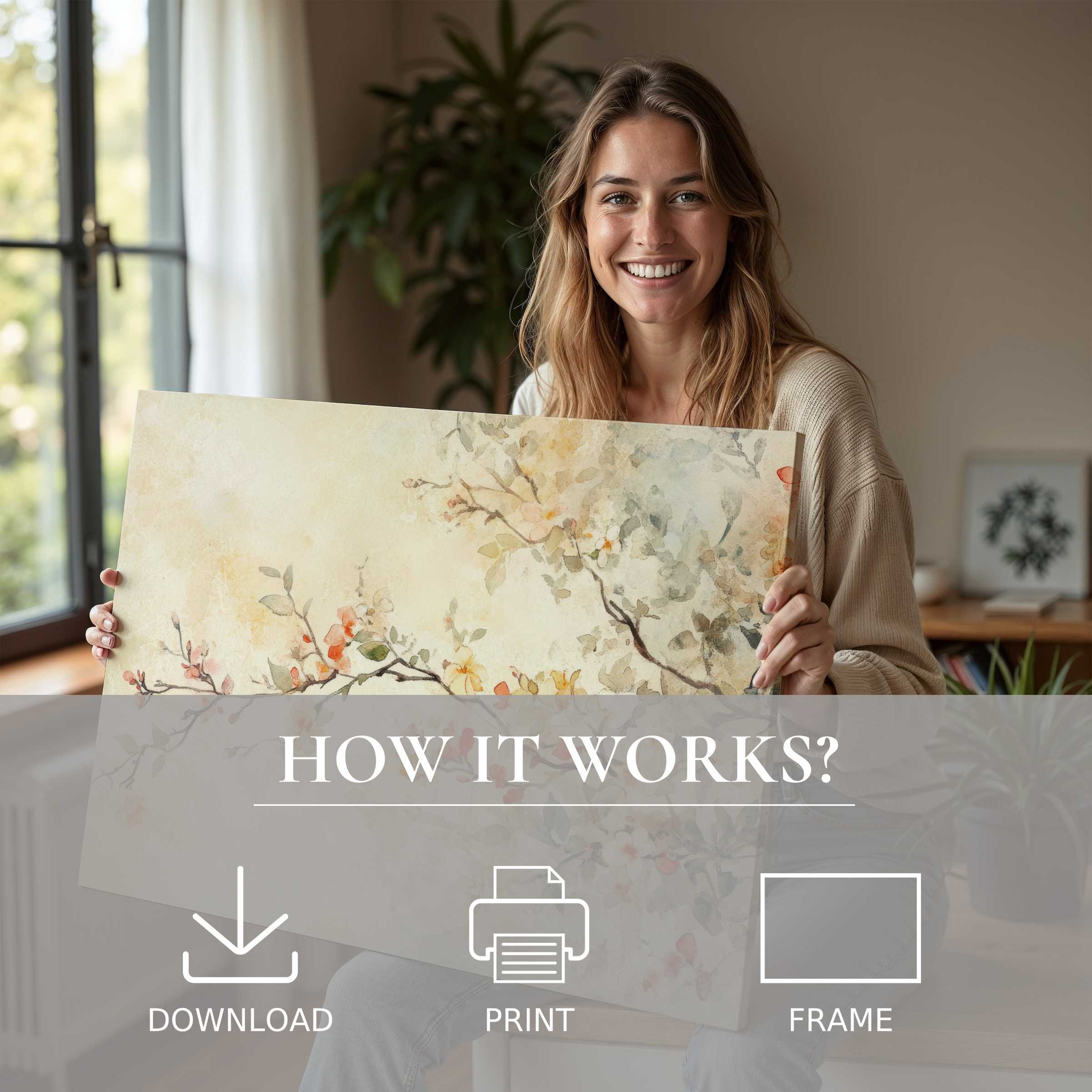 A serene moment of joy in a stylish home, embracing floral digital art print’s delicate beauty and effortless elegance