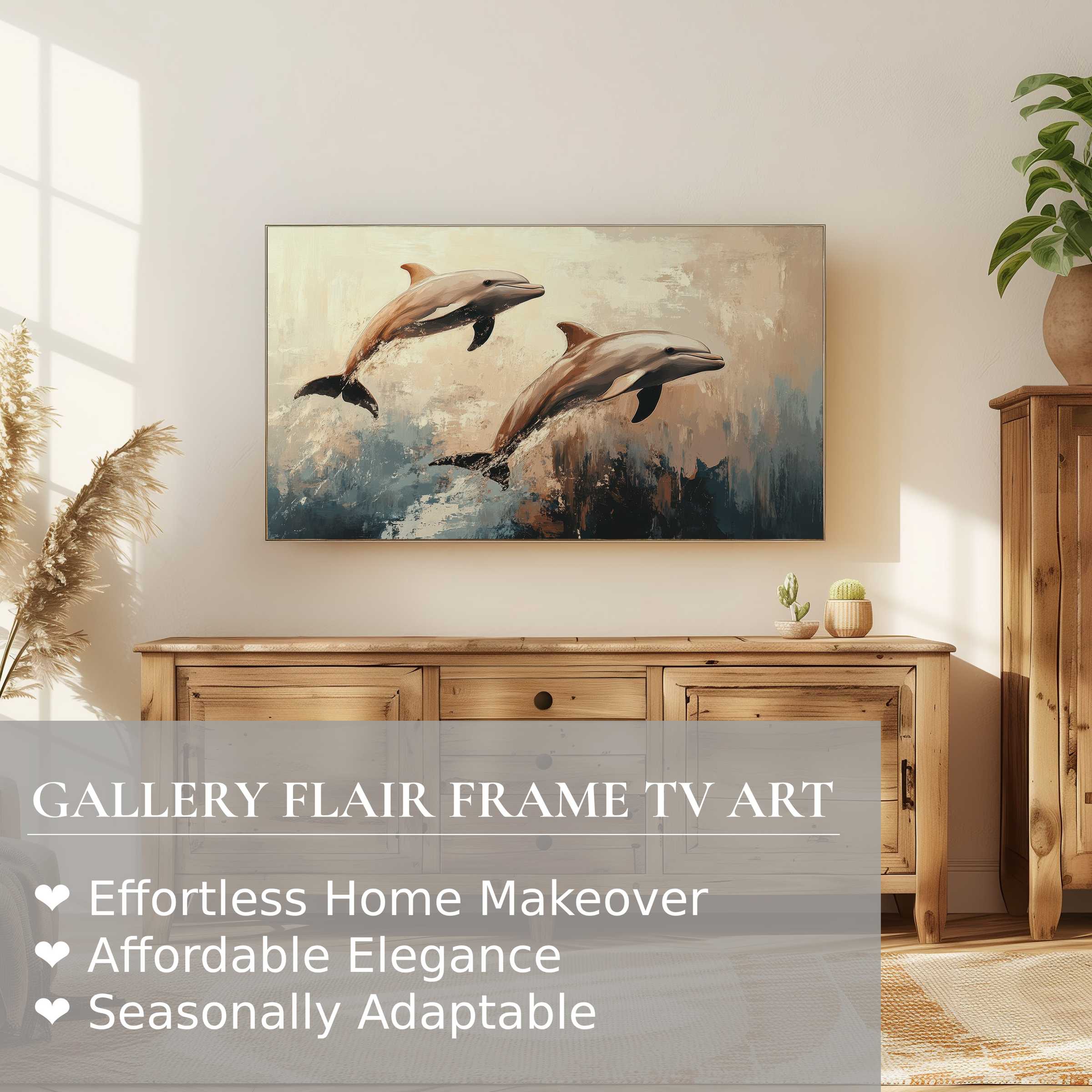 Samsung Frame TV displaying refined beach digital artwork of dolphins in soft, modern coastal tones