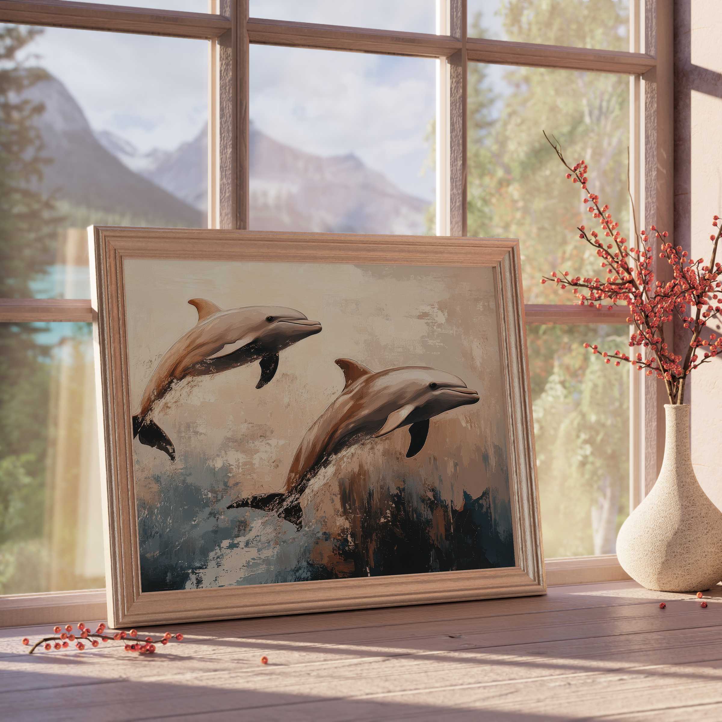 Beach downloadable art featuring elegant dolphins leaping through textured waves, perfect for serene, curated coastal interiors