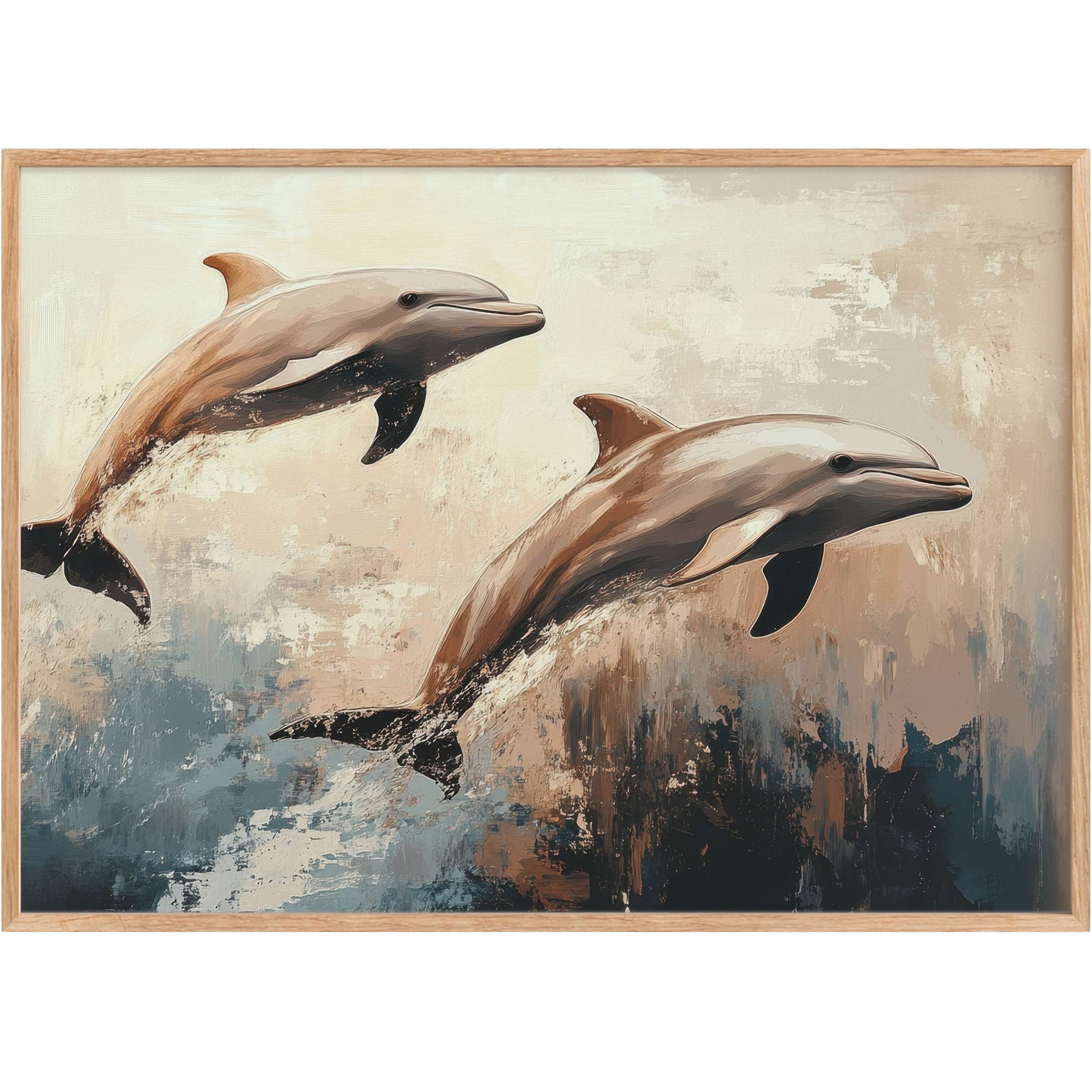 Graceful dolphins leap through muted blues and warm sandy tones, evoking a serene, uplifting coastal vibe in beach printable wall art