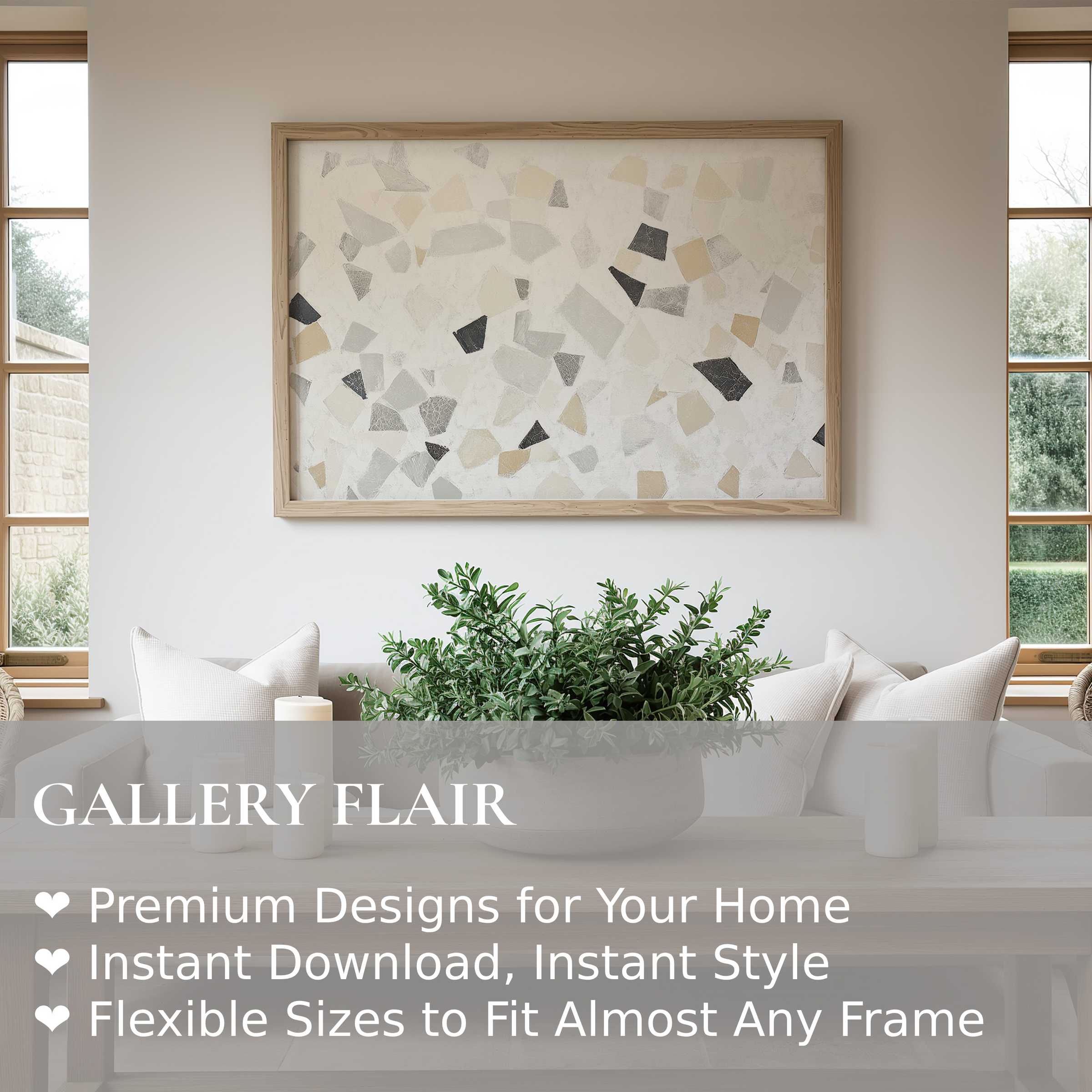 Neutral wall art print with soft, organic terrazzo patterns elevates this serene, modern living space with calming, sophisticated elegance