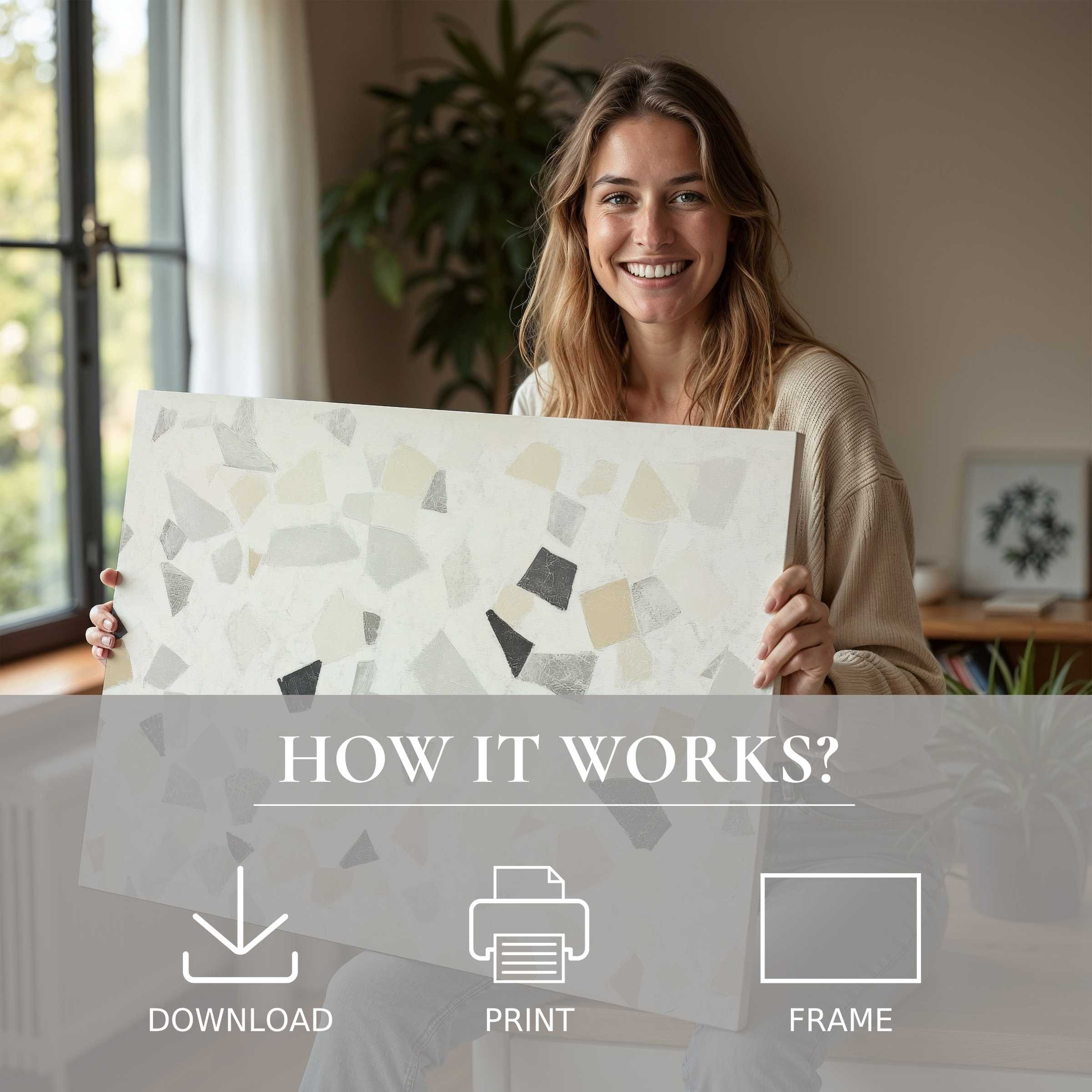 Smiling woman embraces the warmth of a neutral digital art print, inviting effortless joy and calm into a modern home