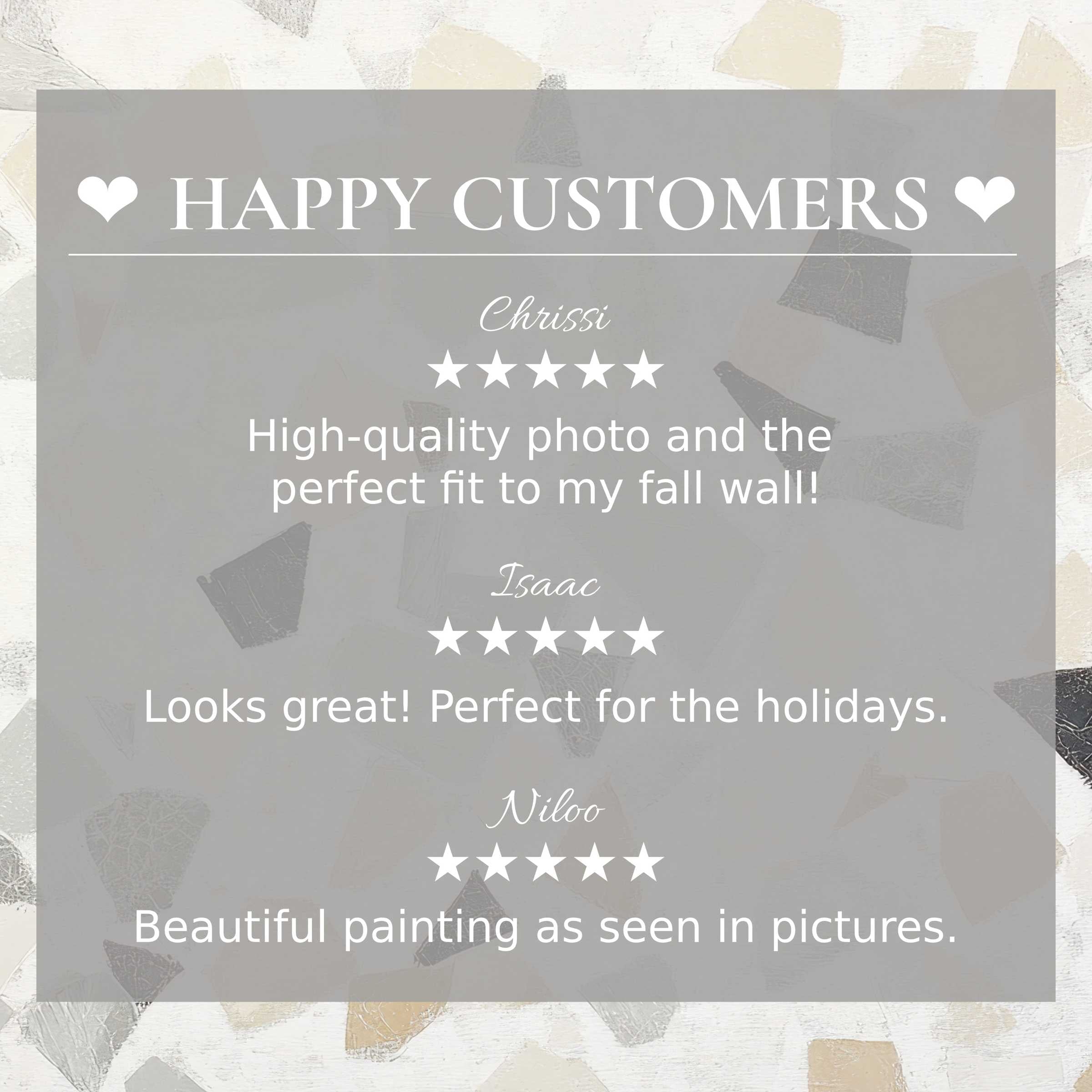 Neutral art for Frame TV with abstract beige shapes; layout highlights positive reviews inspiring trust from a happy customer