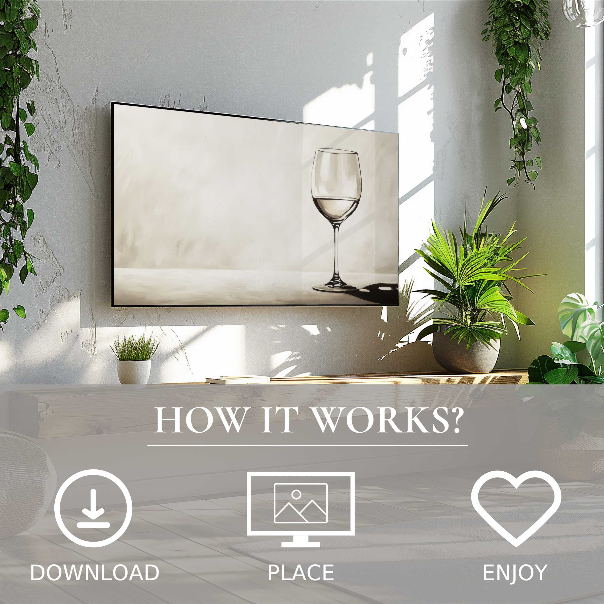 Minimalist art for Samsung TV with soft neutral tones on Frame TV; easy digital download enriches modern living spaces