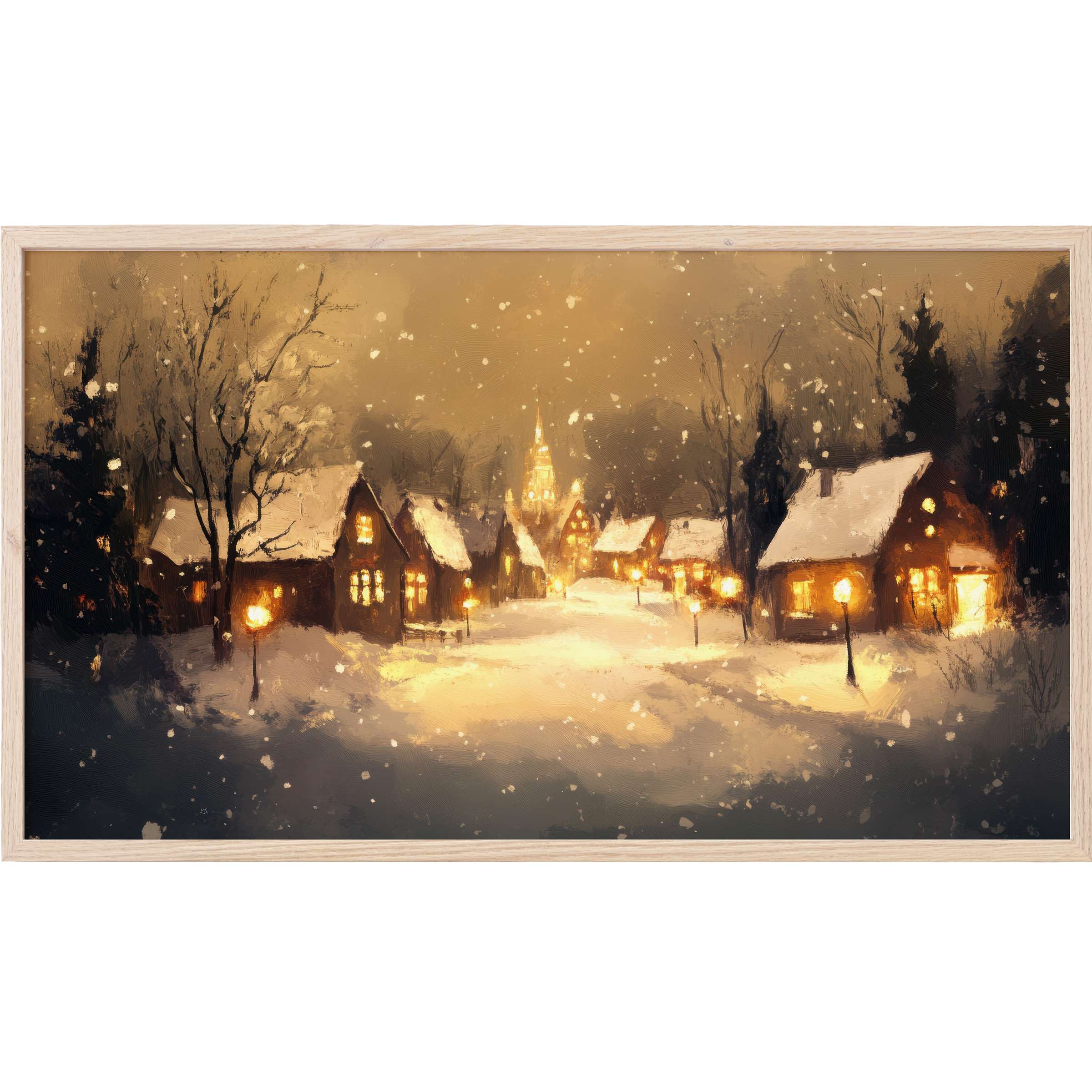 Elegant snow-covered village at dusk with warm glowing lights and soft gold hues, christmas Frame TV Art