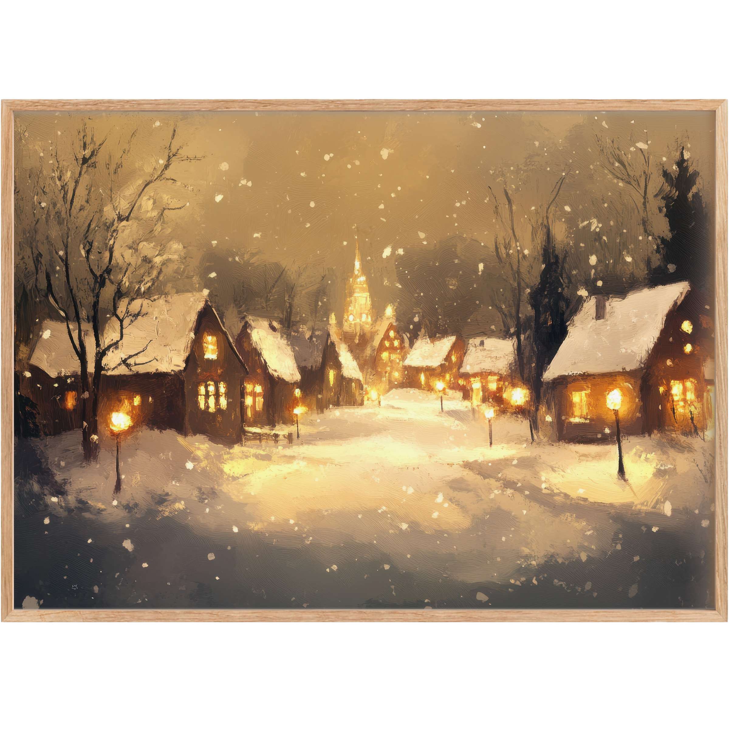 Enchanting Christmas printable wall art inviting warmth with glowing amber lights and soft snowfall, evoking a serene, cozy holiday mood