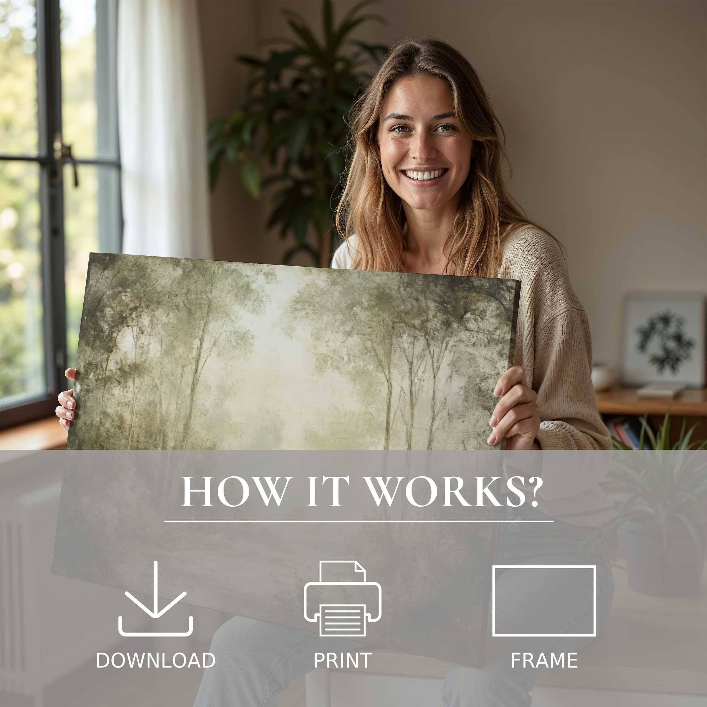 A serene moment of joy captured as a woman reveals a landscape digital art print, inviting effortless elegance into a modern home