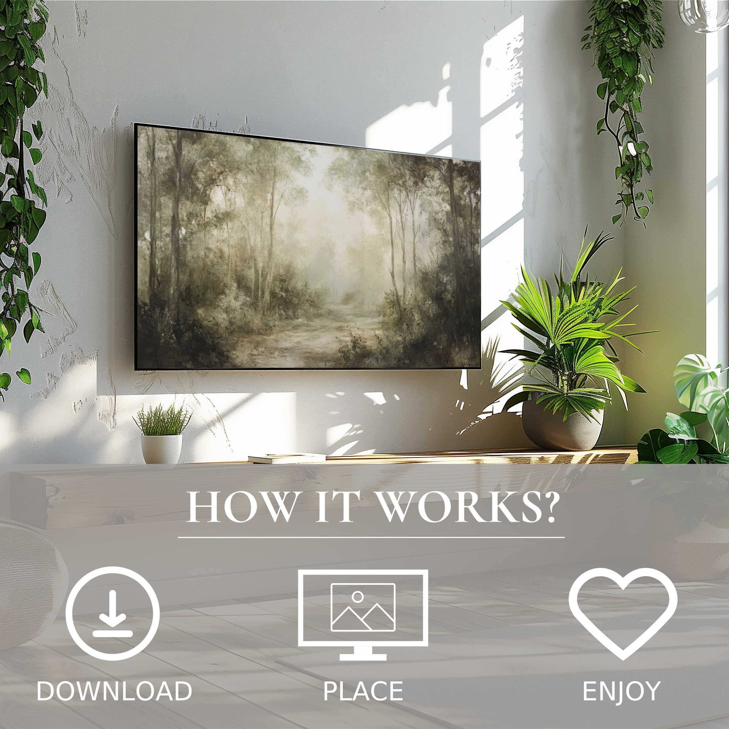 Landscape art for Samsung TV shows misty forest tones, easy digital download brightens modern living spaces