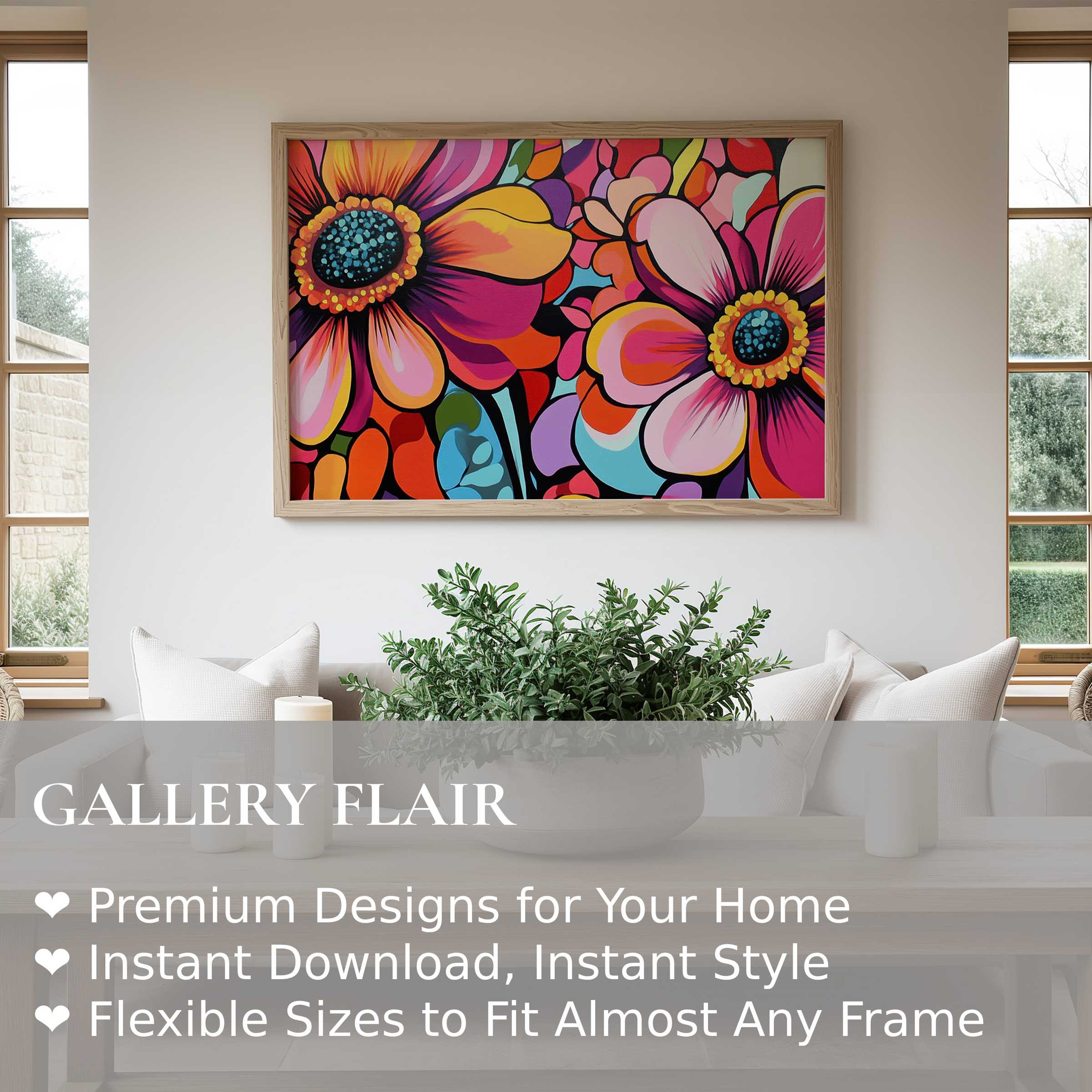 Vibrant pop art wall art print with bold floral motifs, energizing minimalist interiors with dynamic color and playful modern flair
