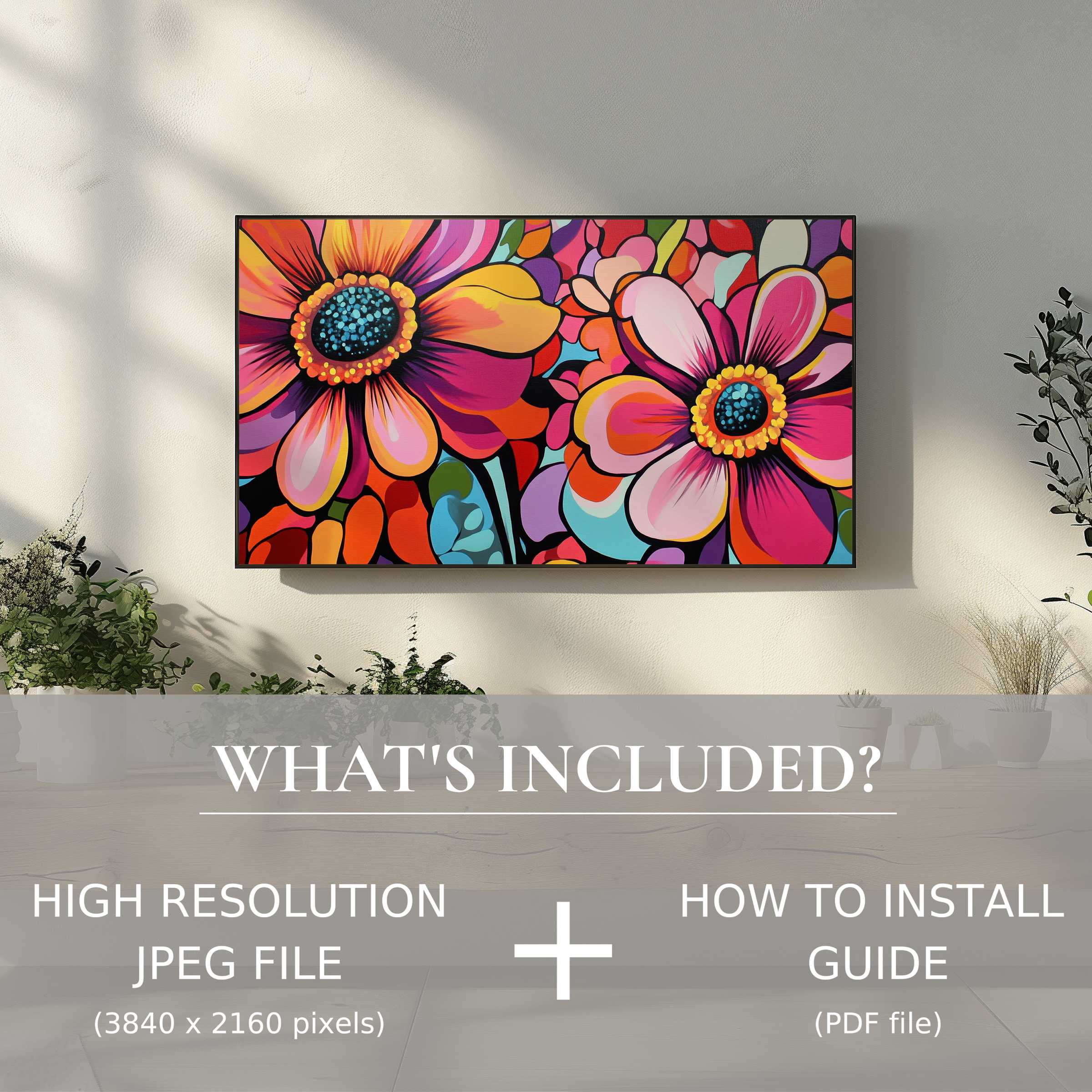 Elegant living space enhanced by vibrant pop art digital TV art download, easy to use with high-res files and guide