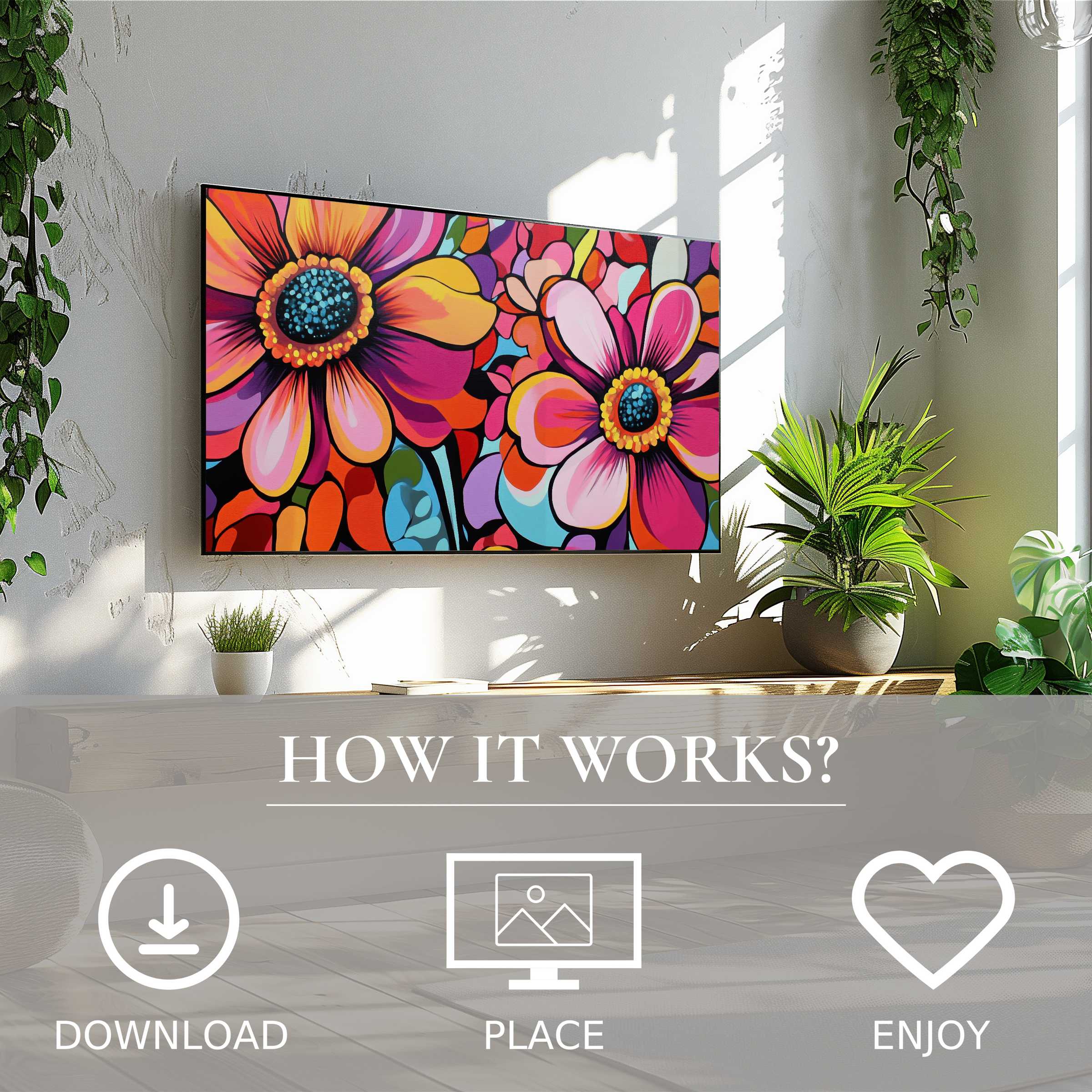 Pop art art for Samsung TV with vibrant floral color flow, easy digital download enhances modern living spaces