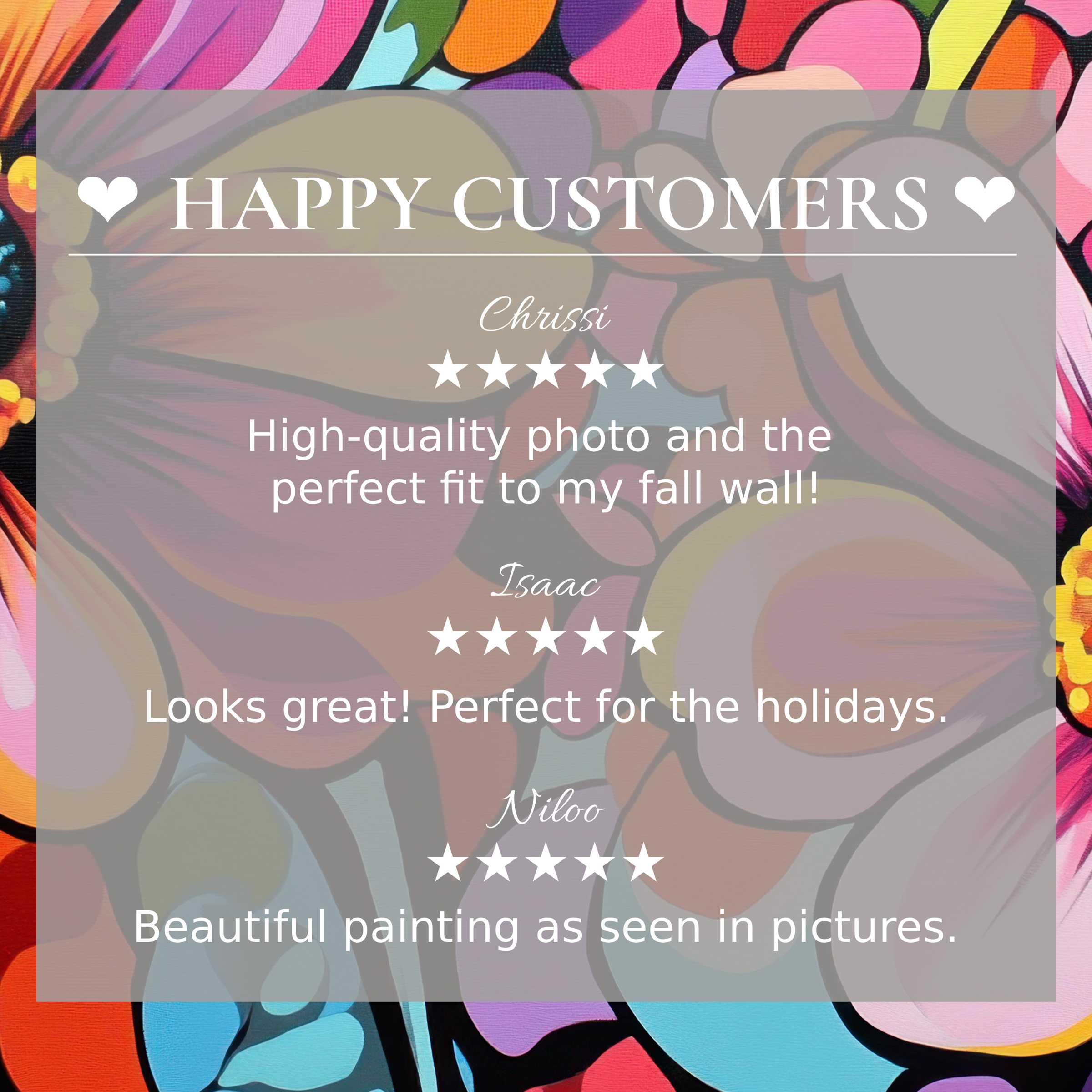 Pop art for Frame TV with vibrant abstract floral hues, showcasing happy customer reviews and elegant product trust