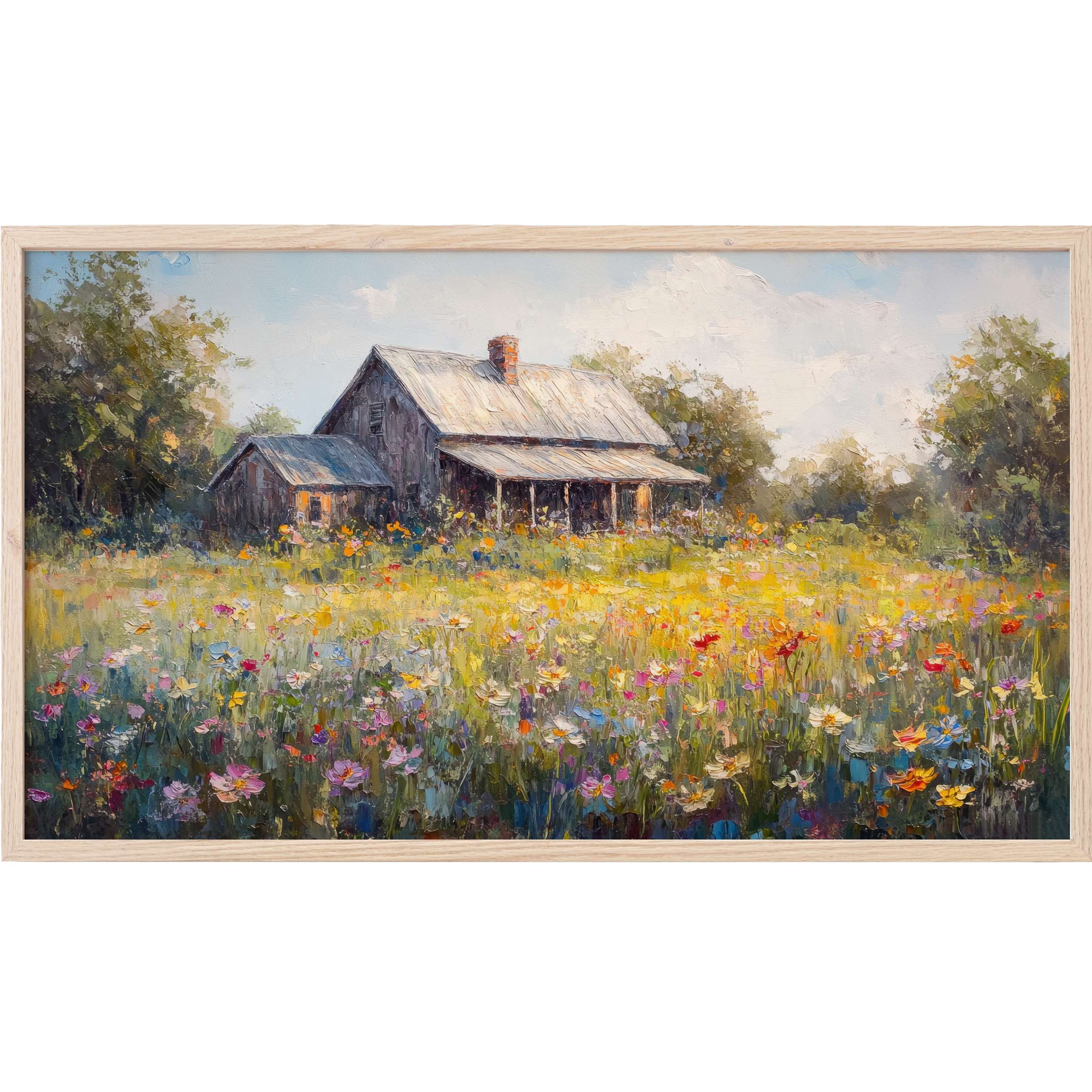 Rustic house in a blooming wildflower meadow under soft skies, rendered in rich oil tones vintage Frame TV Art
