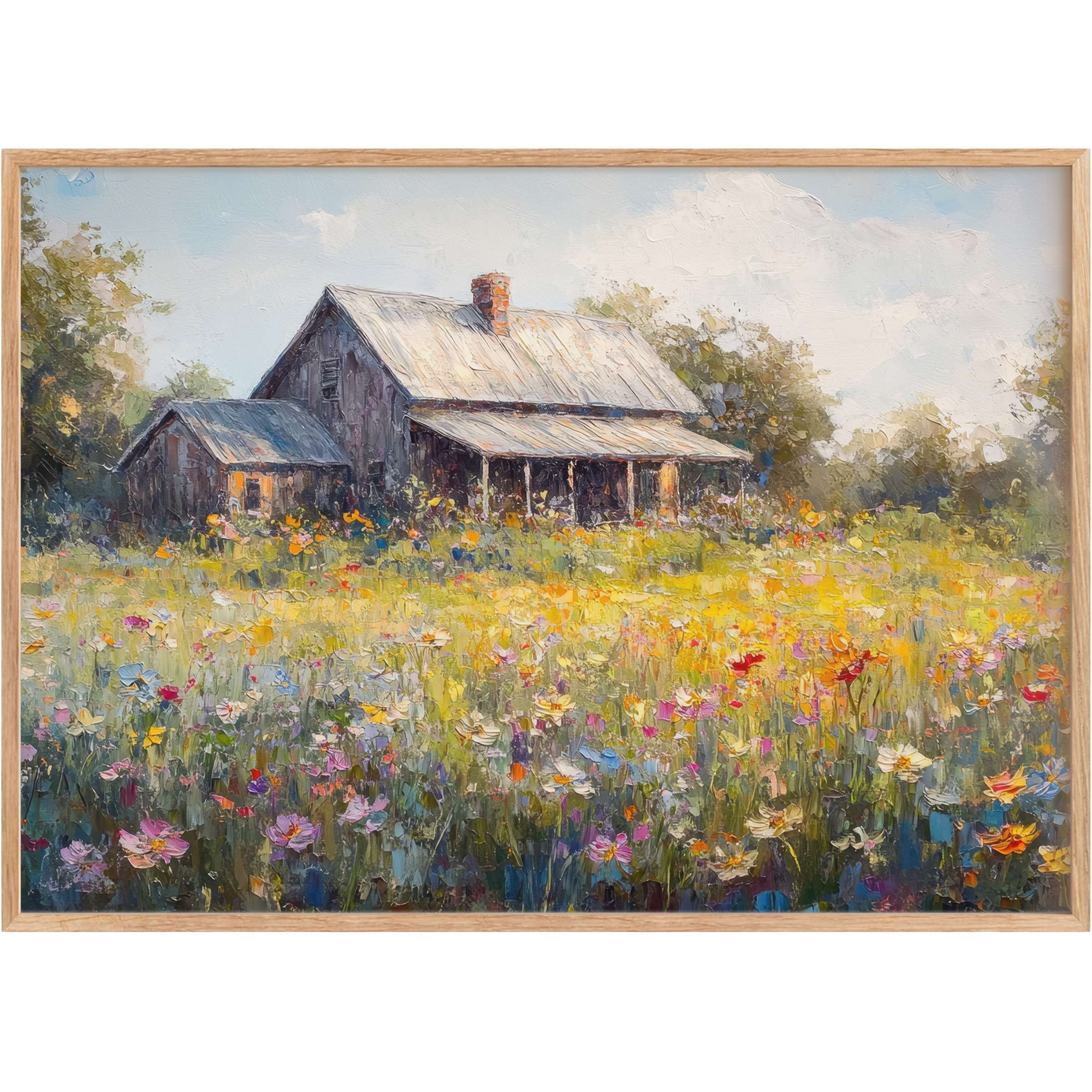Vintage printable wall art capturing a sunlit rustic farmhouse amid blooming wildflowers, evoking serene warmth and timeless charm