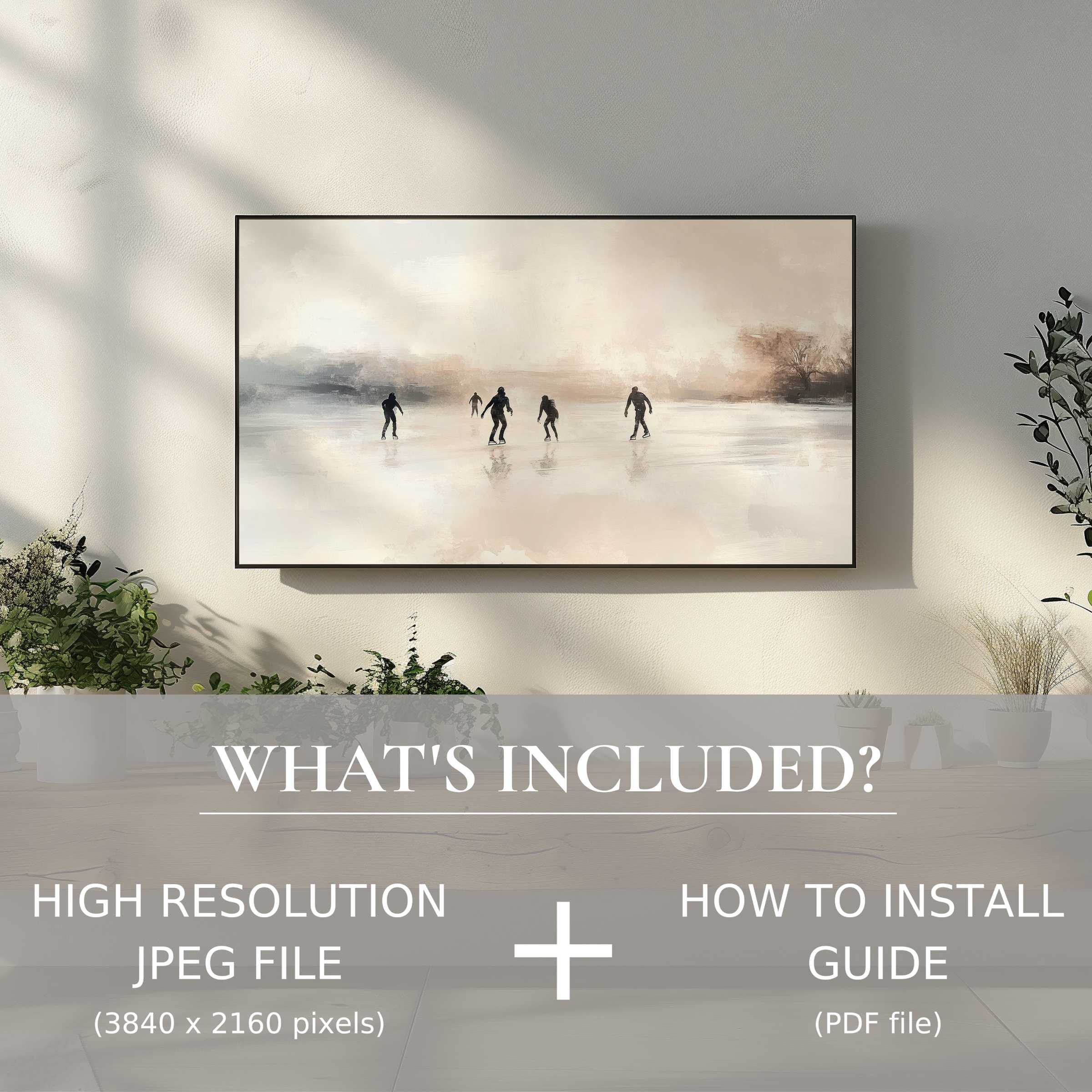 Elegant winter digital TV art download featuring ice skaters, enhances any modern living space with easy digital use