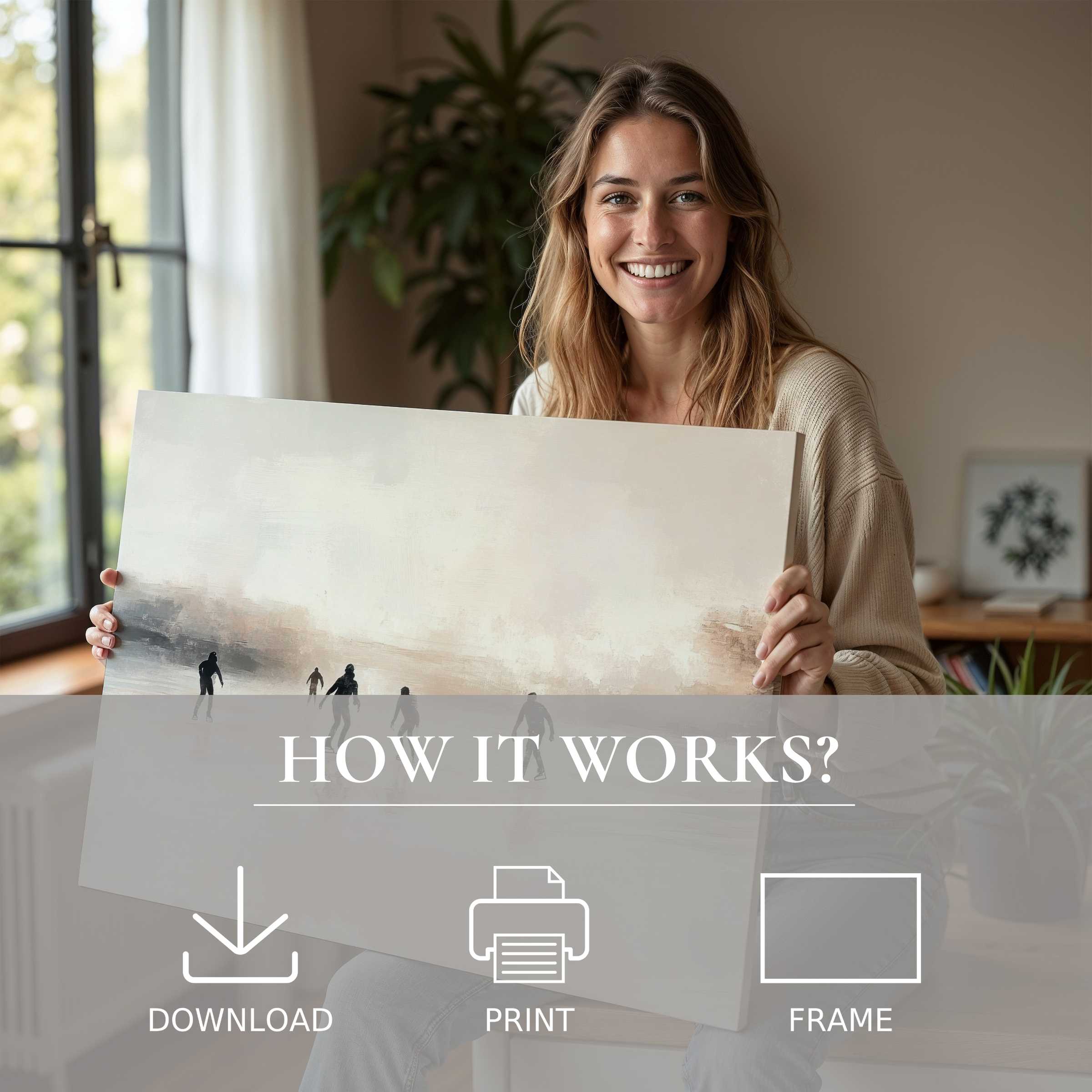 Refined woman shares serene winter digital art print in a stylish home, inviting joy through effortless art living