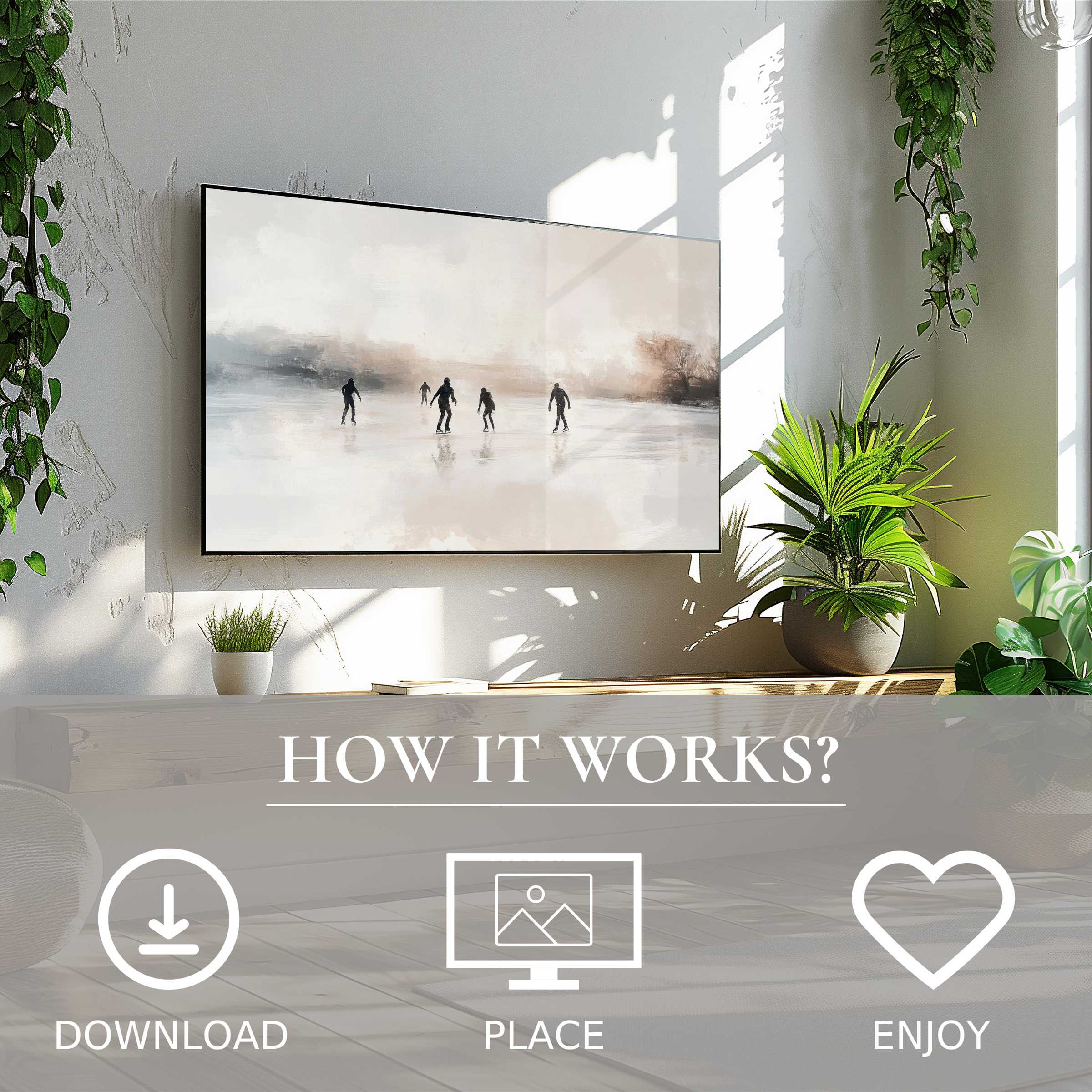 Winter art for Samsung TV shows soft dusk tones with skaters, easy digital download enhances your modern living space
