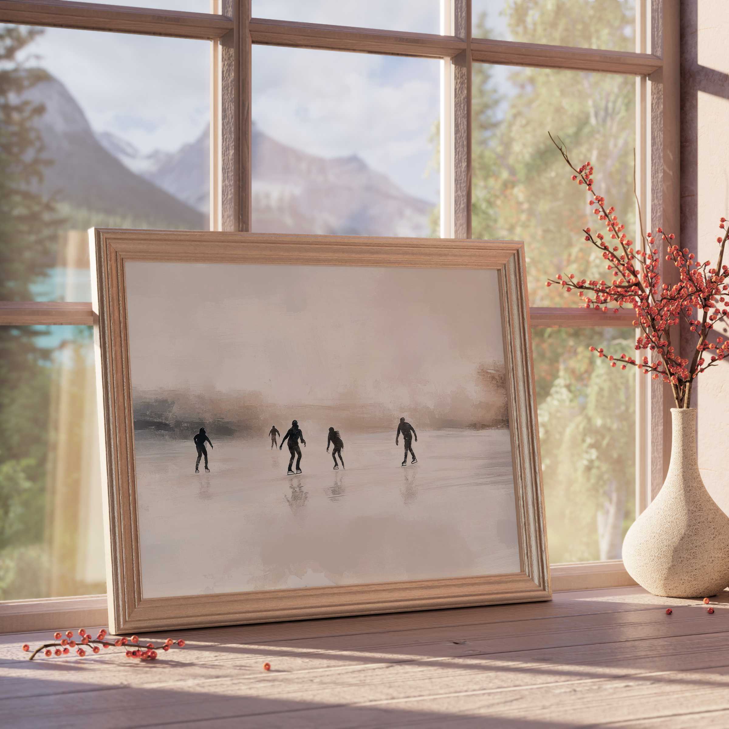 Winter downloadable art capturing serene ice skating silhouettes, perfect for elevating tranquil, curated, design-forward interiors