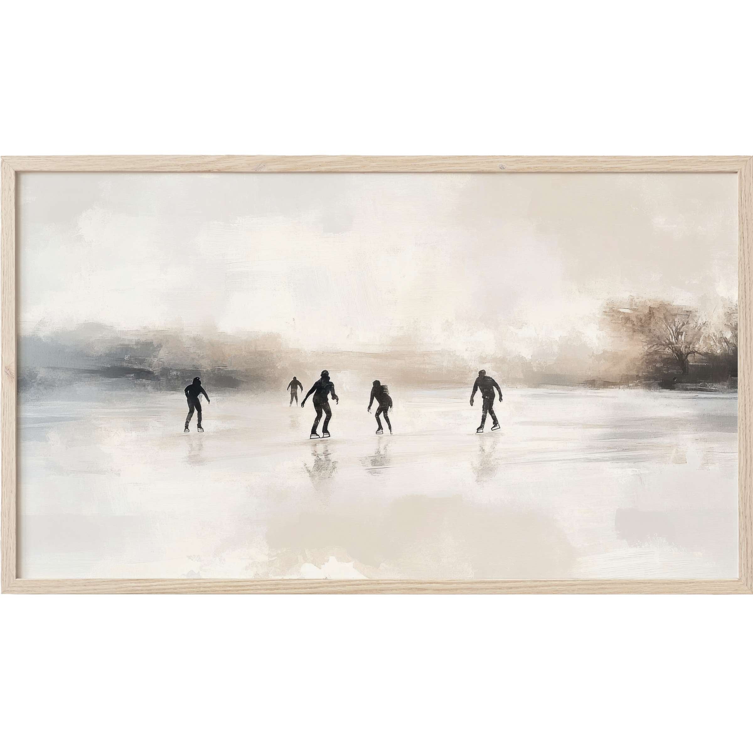 Minimalist winter scene with silhouetted skaters on ice, soft beige and gray tones, winter Frame TV Art