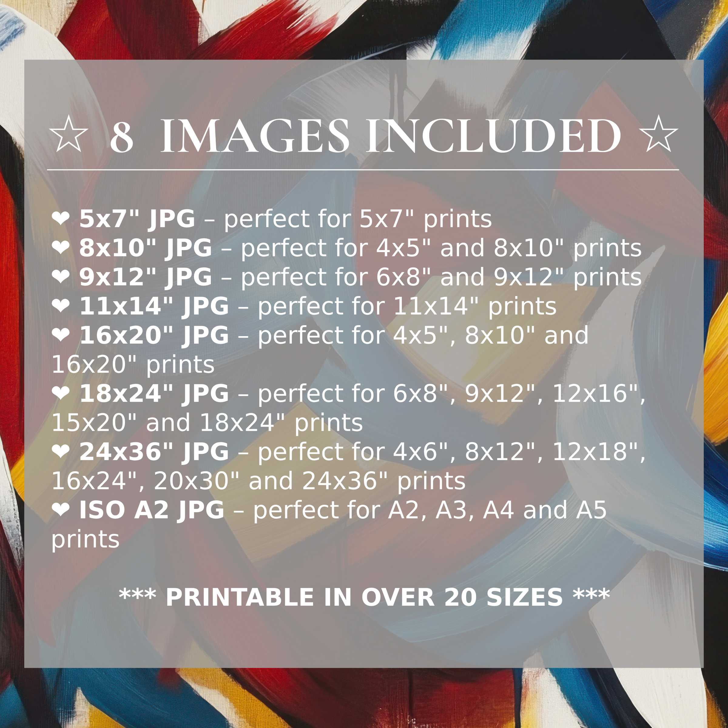 Bold modern digital print radiates warmth with dynamic reds, blues, and golds, elevating interiors in 8 high-quality sizes