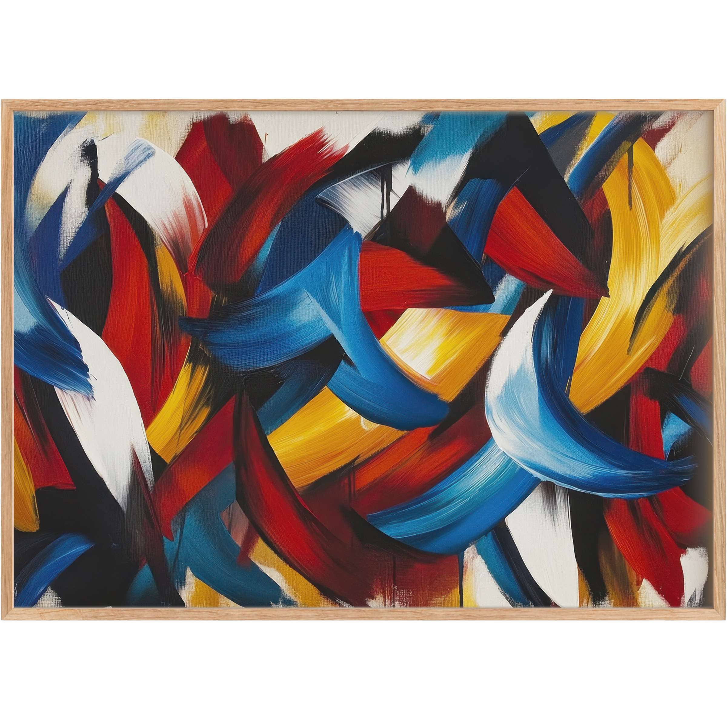Modern printable wall art with bold red, blue, yellow brushstrokes, evoking a dynamic and vibrant atmosphere for chic living spaces