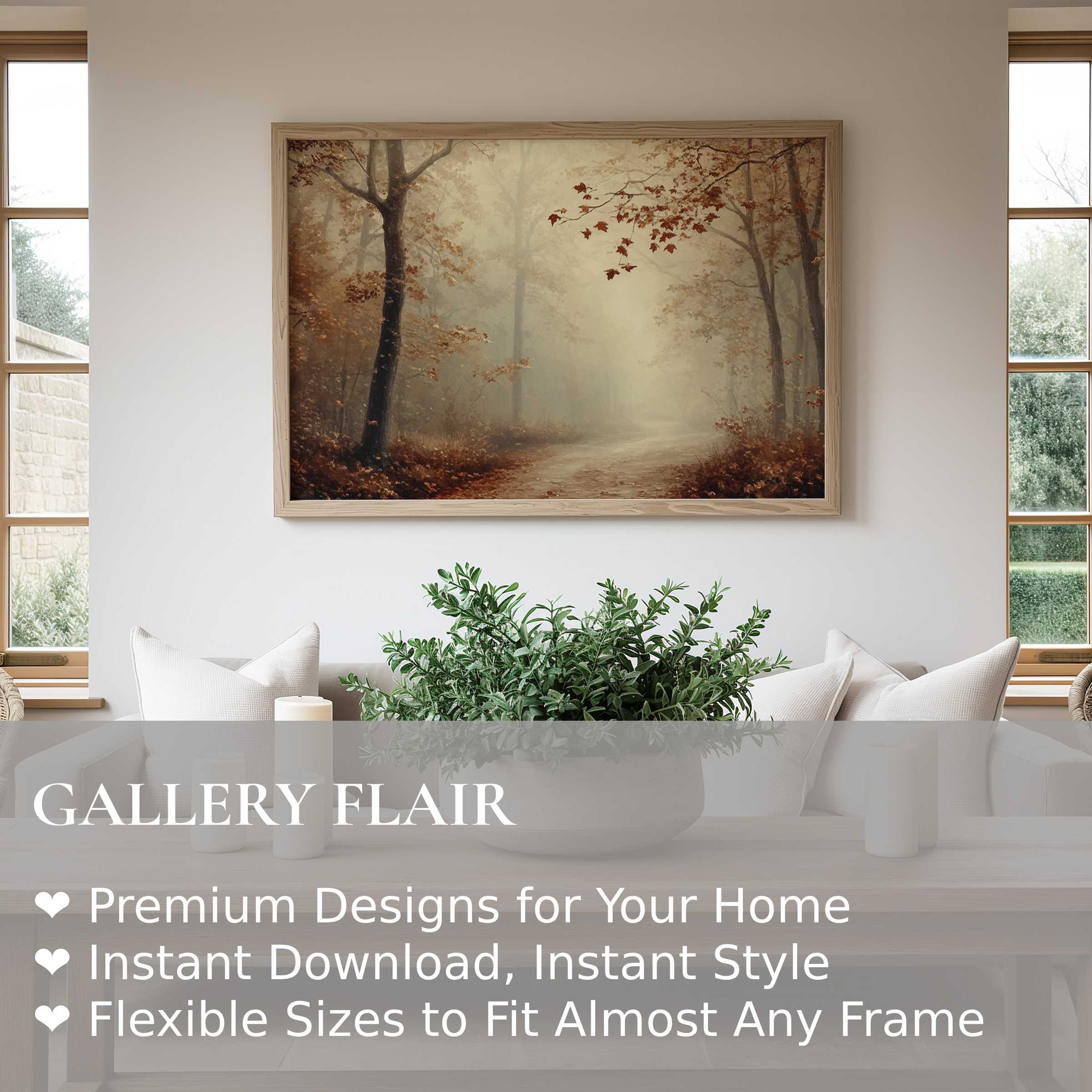 Fall wall art print capturing a misty autumn forest path, evoking serene, warm ambiance in modern minimalist interiors