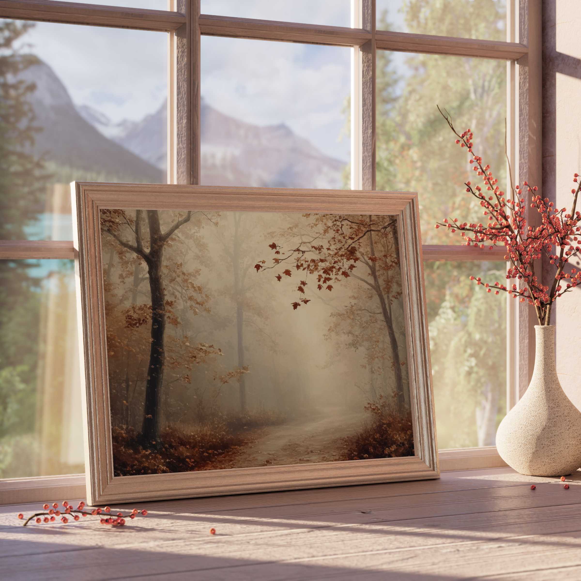 Fall downloadable art capturing a serene misty forest path, enriching curated interiors with warm, tranquil autumnal elegance