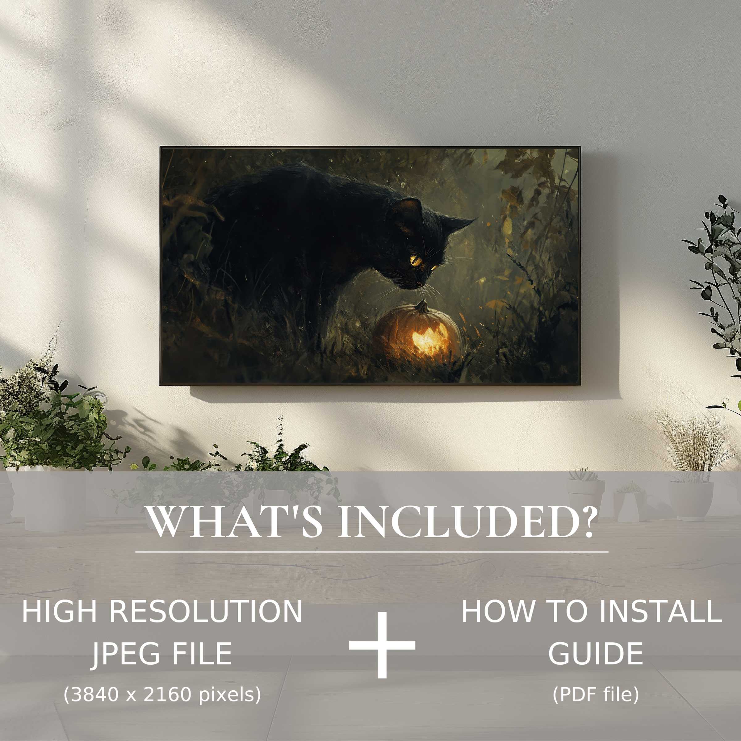 Elegant living room with Halloween digital TV art download, easy to use, enhancing style and atmosphere seamlessly