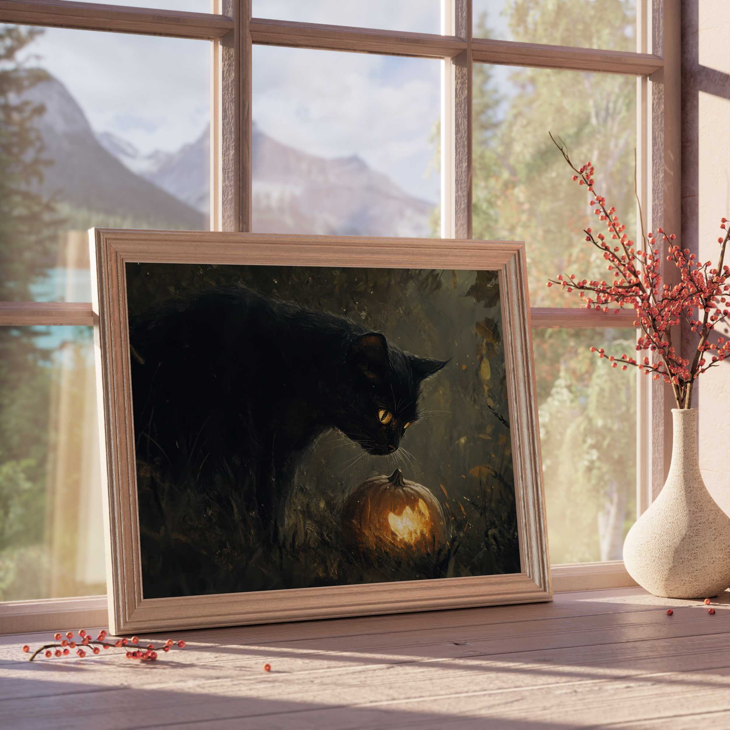 Halloween downloadable art captures a moody black cat and glowing pumpkin, evoking warm, mysterious charm for curated interiors