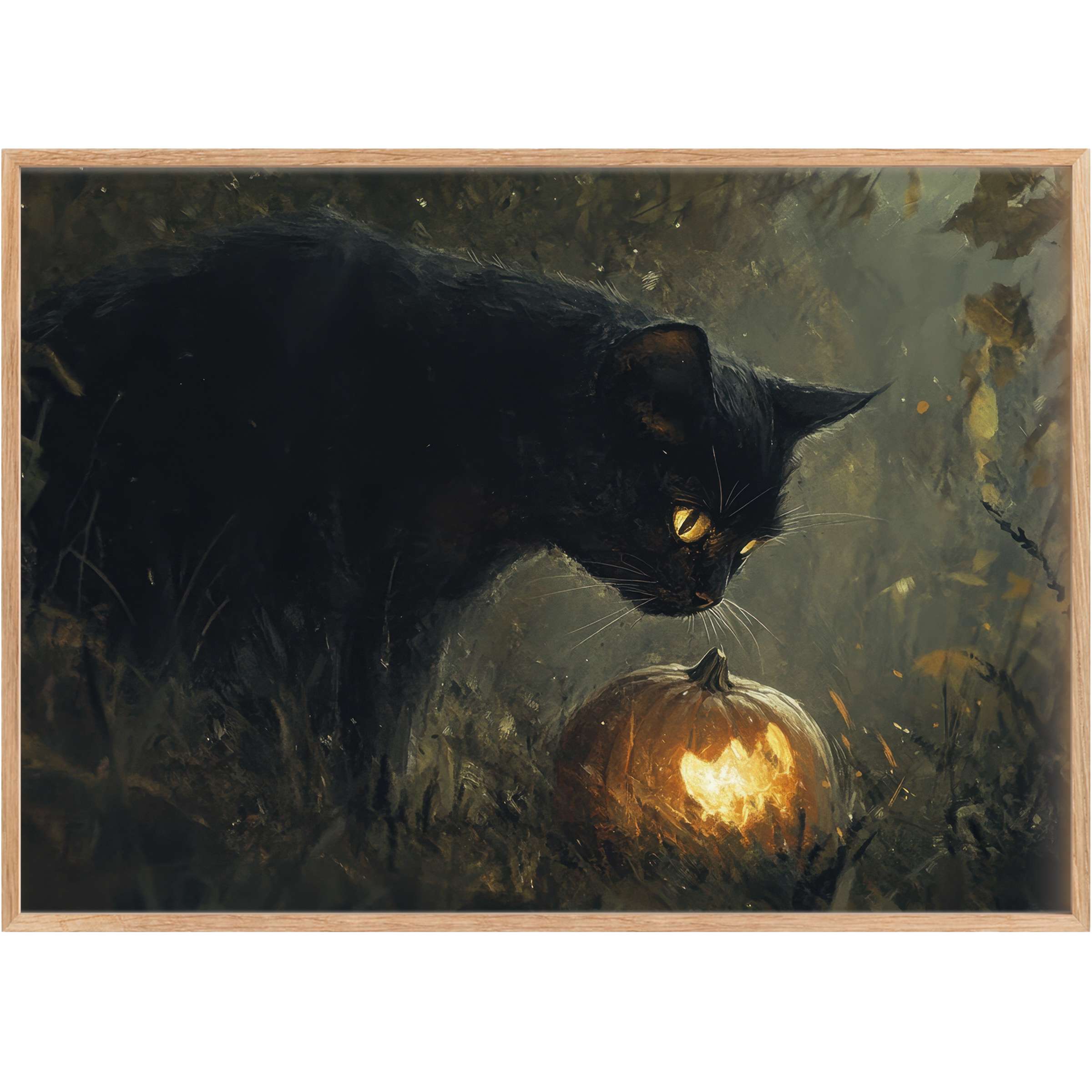 Elegant Halloween printable wall art featuring a mysterious black cat and glowing pumpkin, evoking a moody, enchanting ambiance