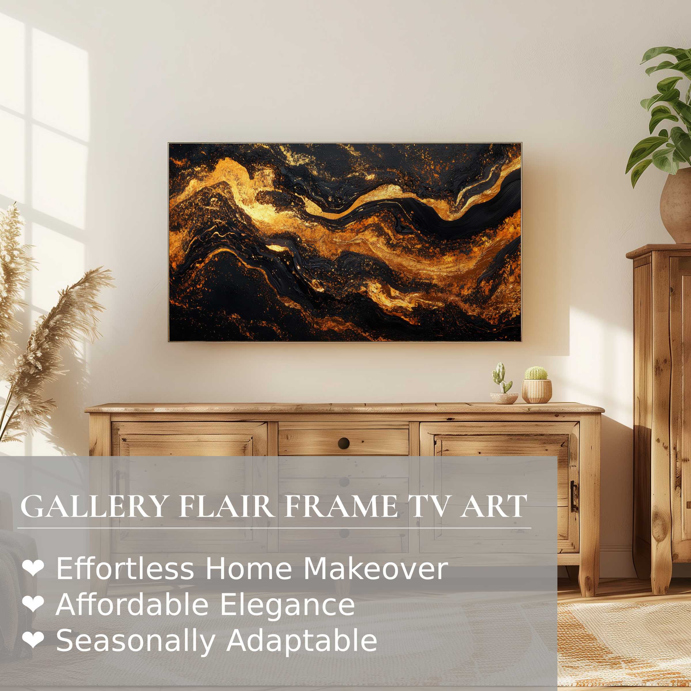 Samsung Frame TV displays luxurious abstract digital artwork in gold and black, enhancing modern, elegant living spaces