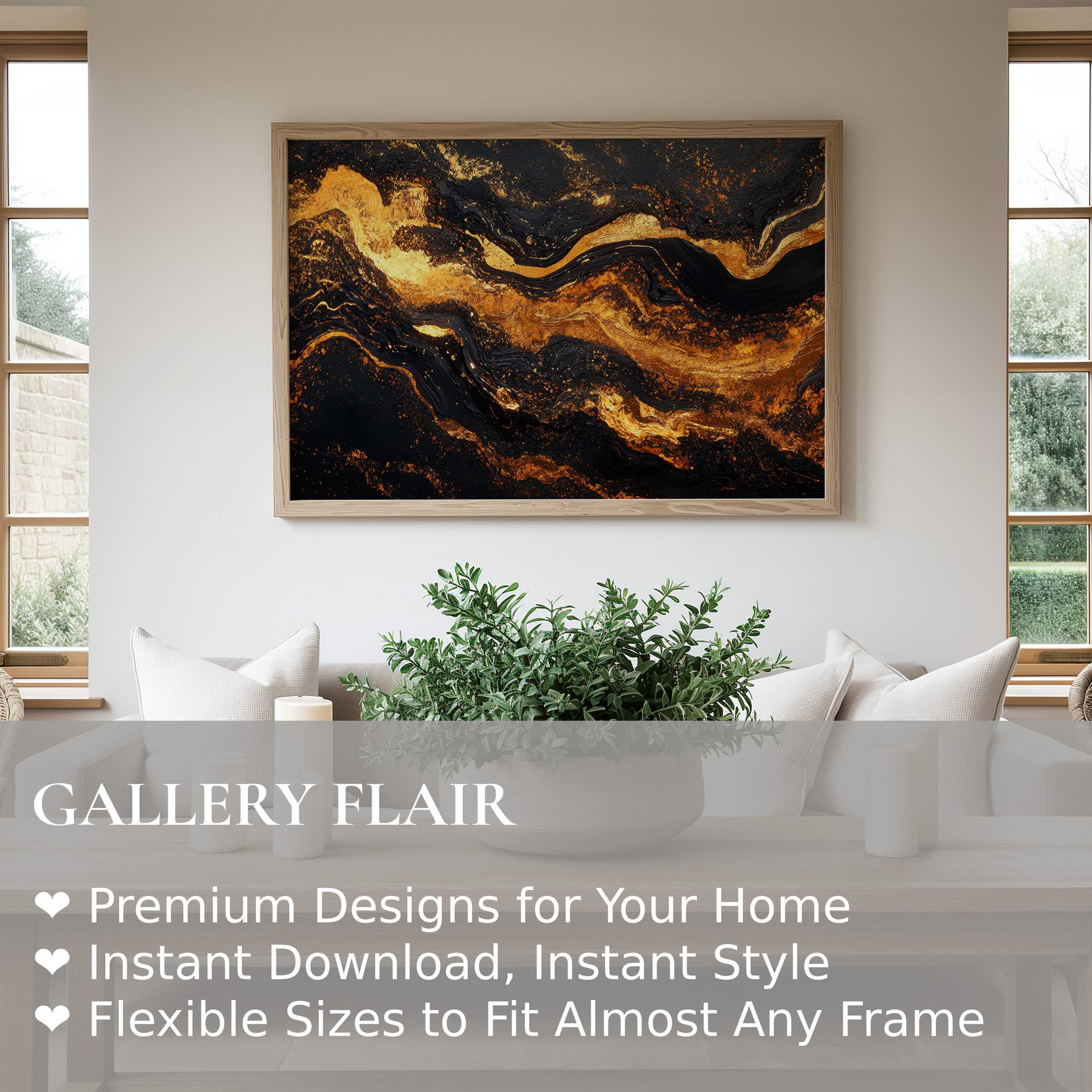 Abstract wall art print with radiant gold and black fluid textures, enhancing modern minimalist interiors with bold sophistication and luxe warmth