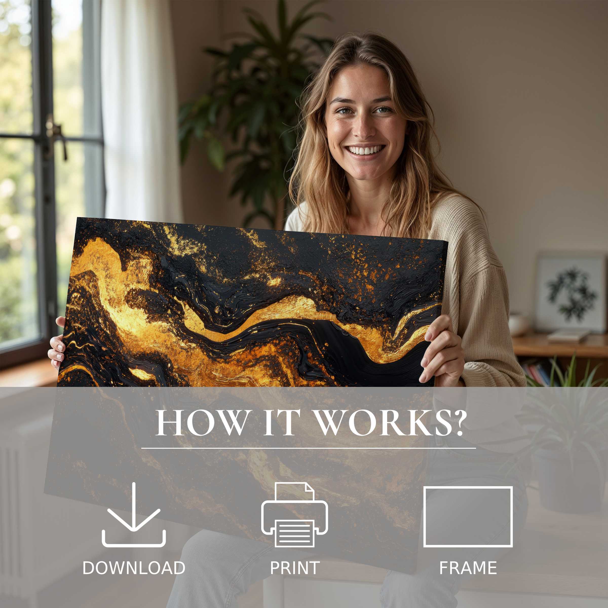 Radiant abstract digital art print in gold and black, evoking joy and seamless elegance in a modern home sanctuary
