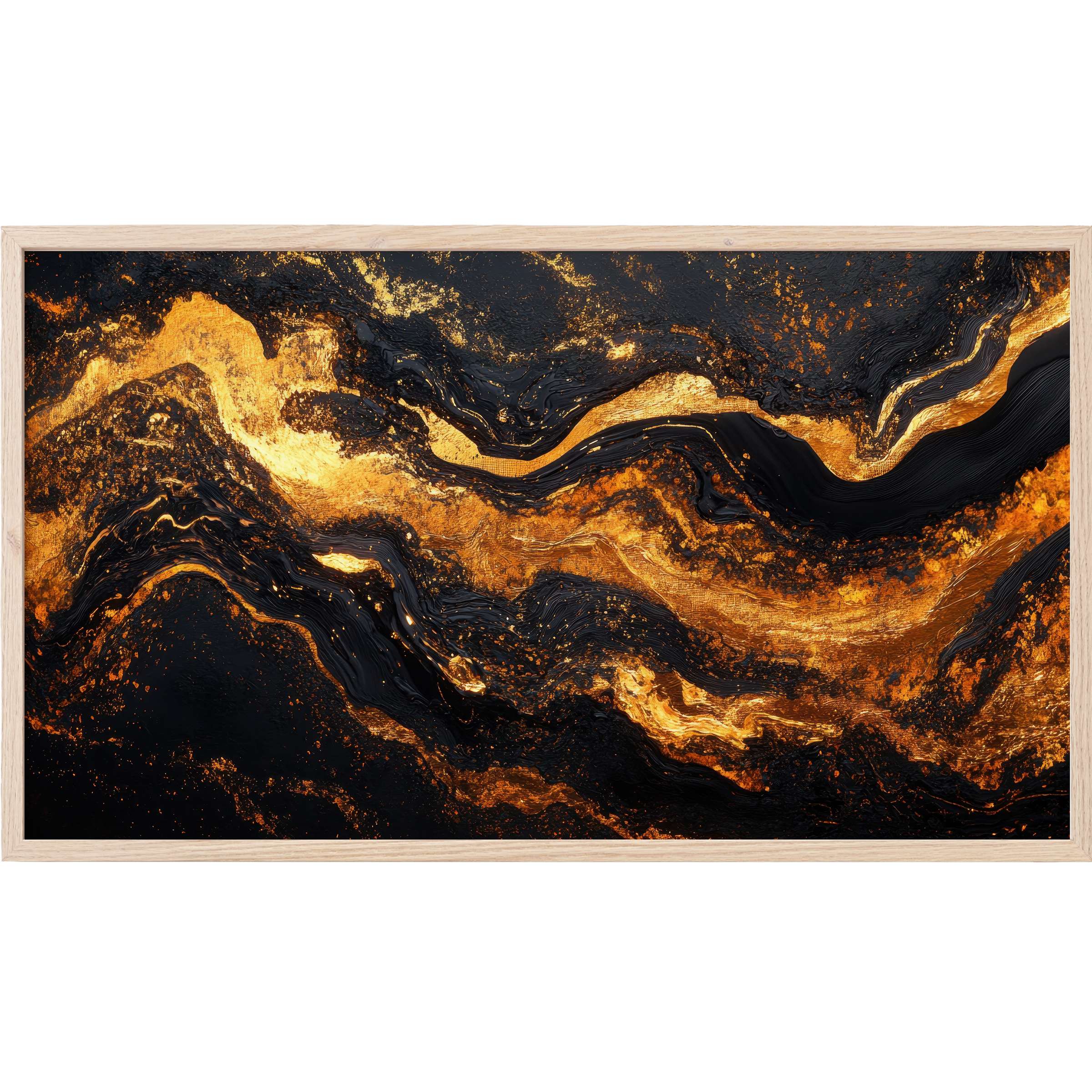 Abstract Frame TV Art with flowing gold and black textures, showcasing a luxurious and modern fluid design