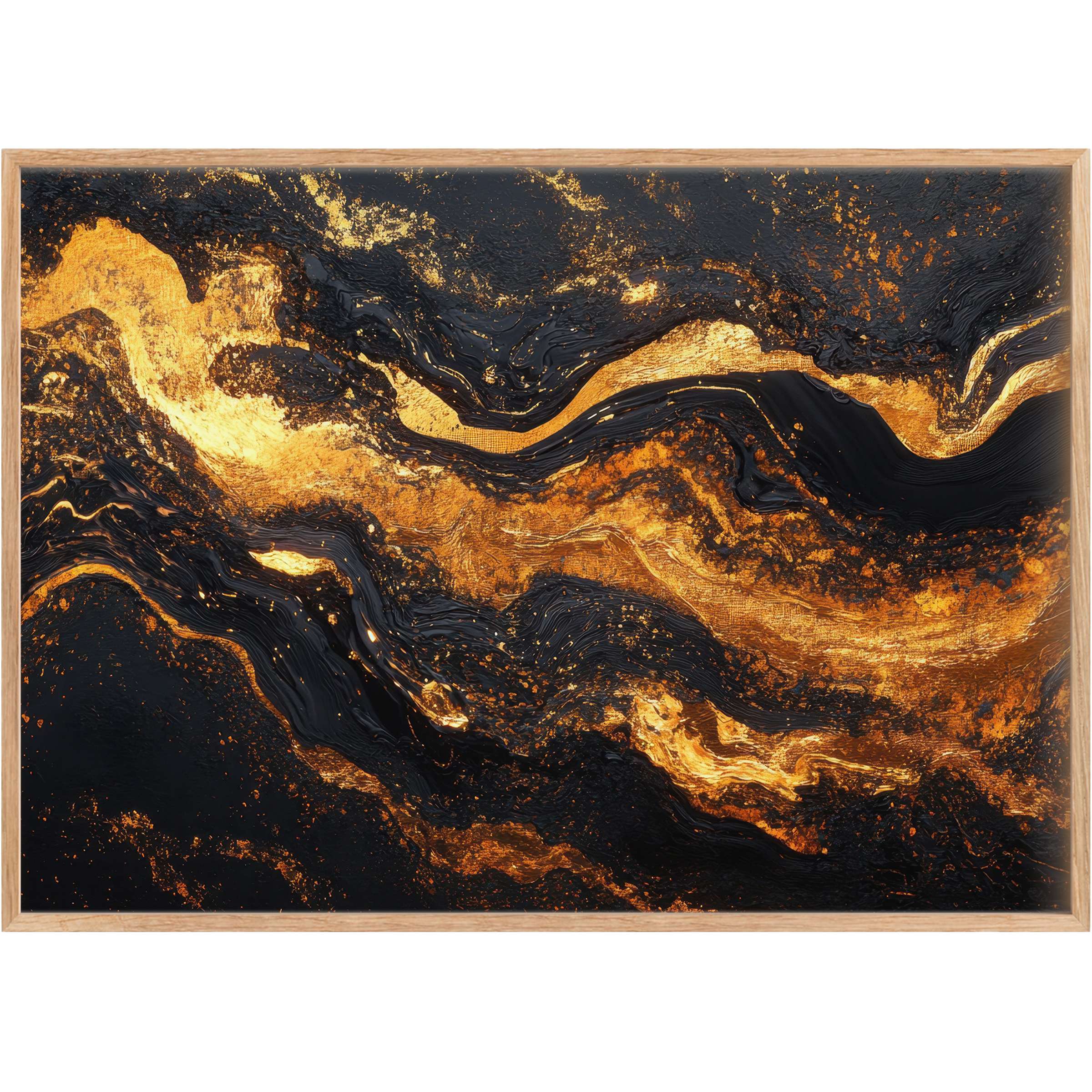 Luminous abstract printable wall art in molten gold and deep black, evoking a bold, luxurious ambiance for refined interiors