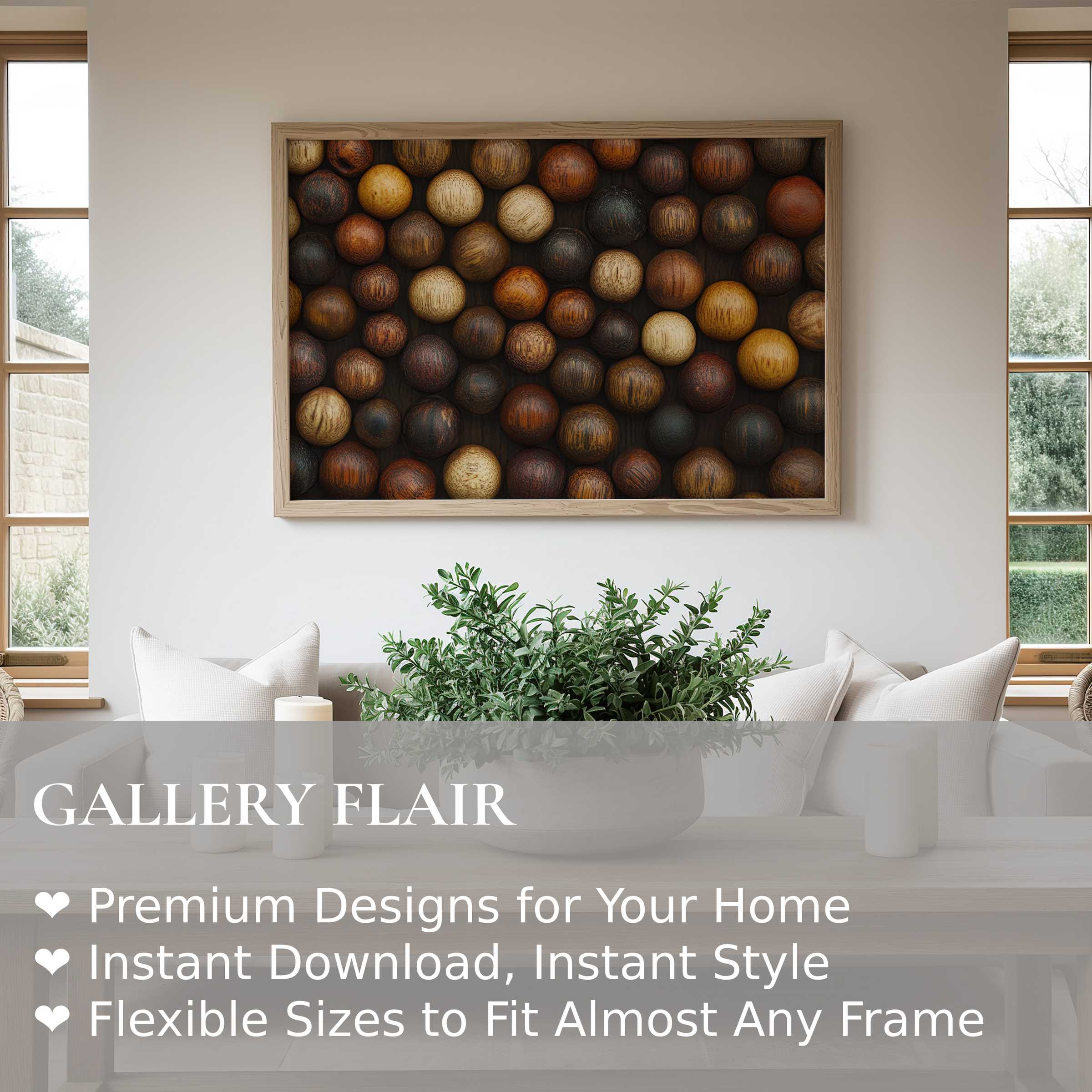 Boho wall art print featuring textured wooden spheres in warm earth tones, enhancing modern minimalist interiors with organic depth and rustic charm