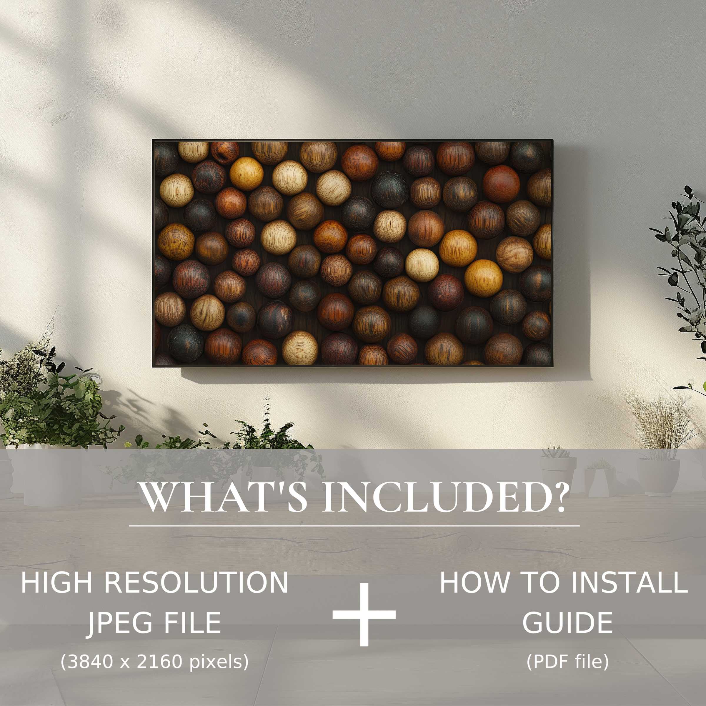 Elegant boho digital TV art download, easy to install, enhancing your living space with warm, textured wood tones