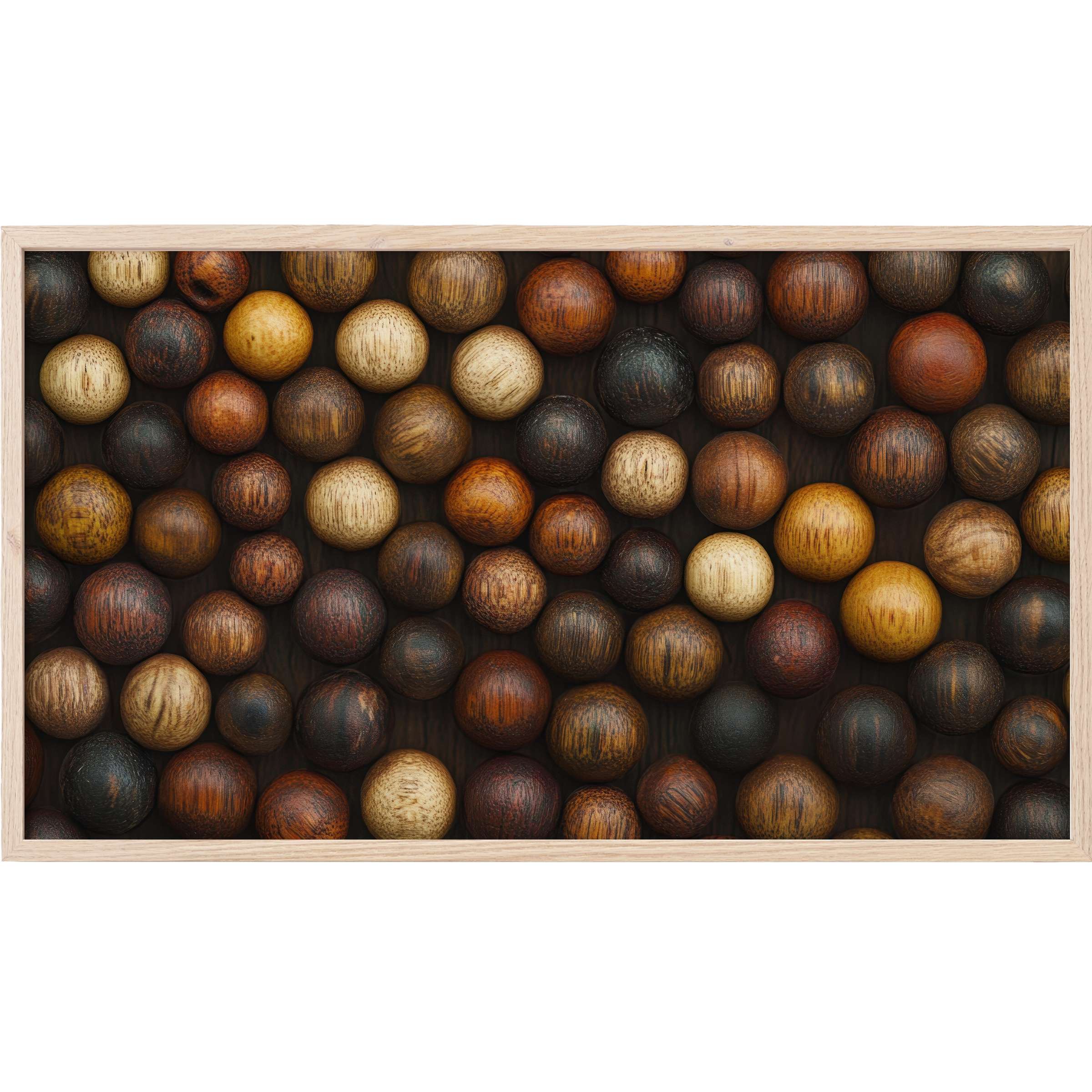 Boho Frame TV Art with textured wooden spheres in earthy tones of brown, amber, and cream, stylishly arranged