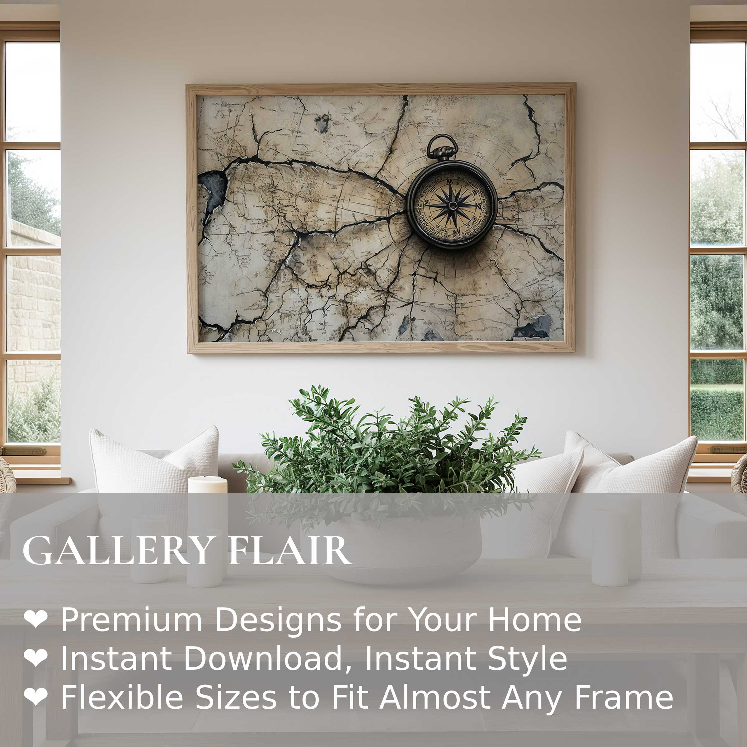 Street art wall art print featuring a textured cracked map and vintage compass, adding bold, urban sophistication to modern minimalist interiors