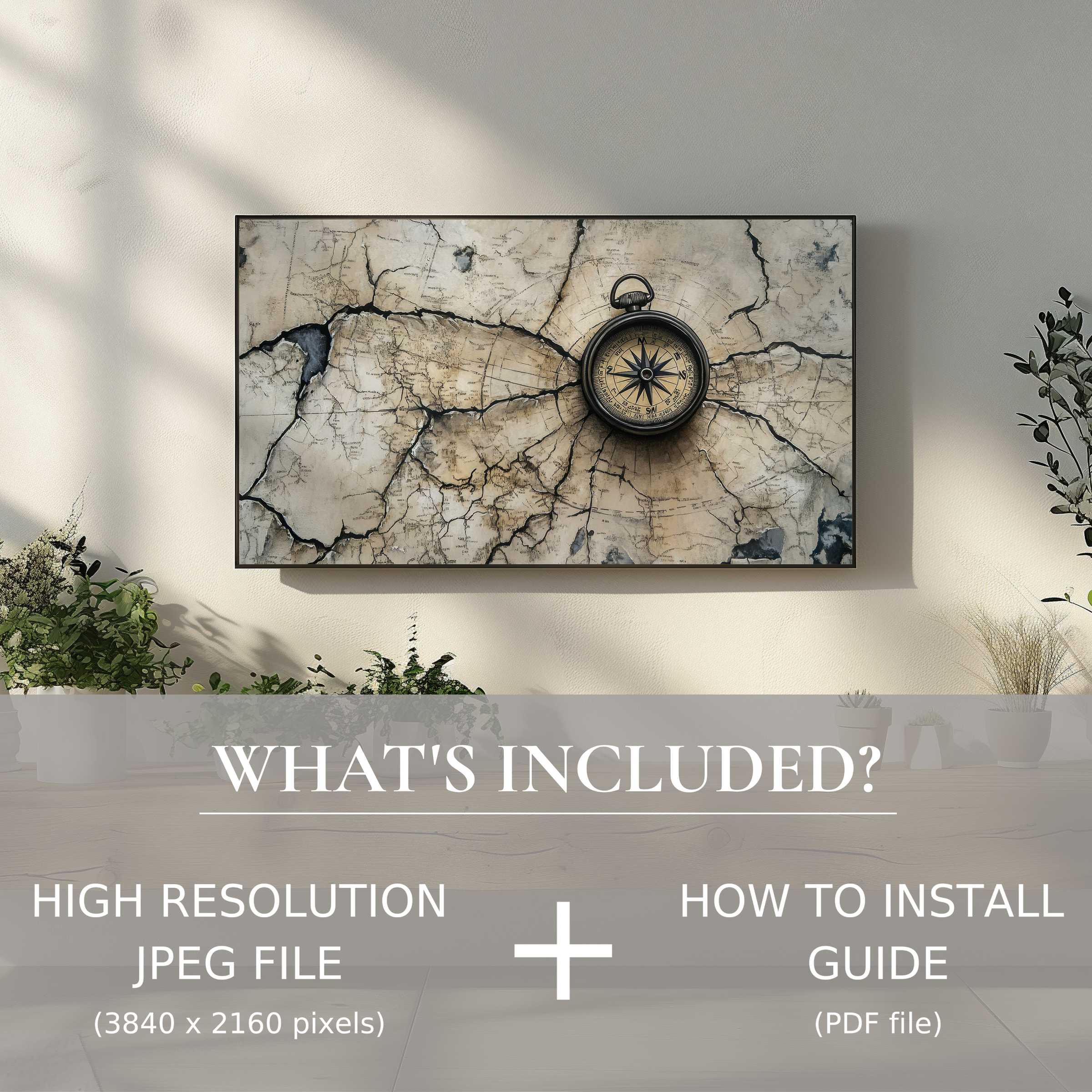 Elegant living room features street art digital TV art download of vintage compass enhancing style with easy digital use