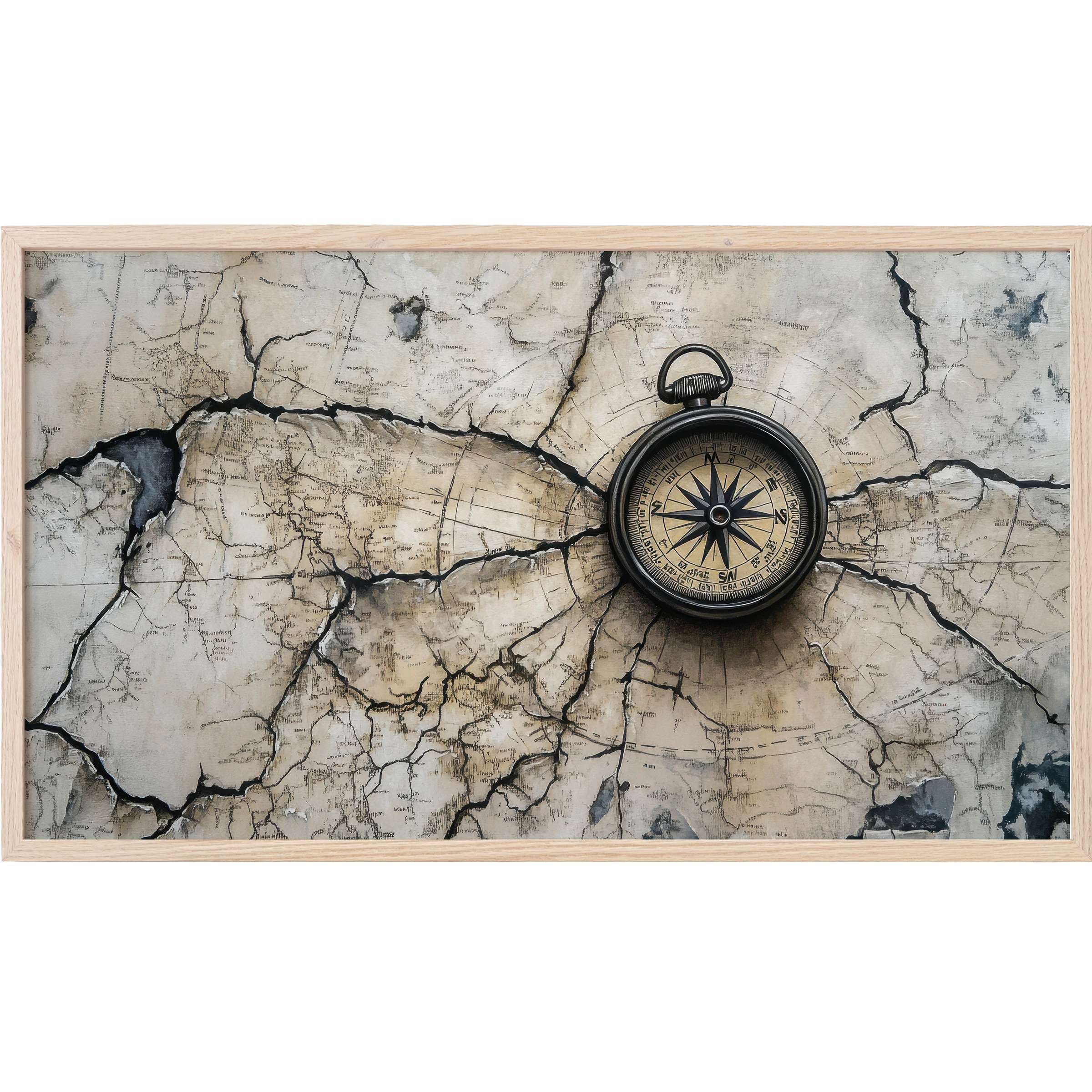 Vintage compass centered on cracked, textured map in muted sepia tones, street art Frame TV Art with refined urban elegance